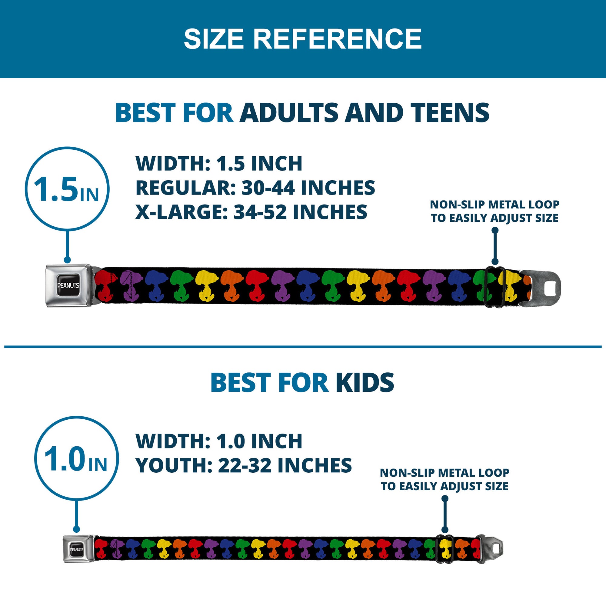 PEANUTS Title Logo Full Color Black/White Seatbelt Belt - Peanuts Snoopy Silhoutte Pose Black/Rainbow Multi Color Webbing Seatbelt Belts Peanuts