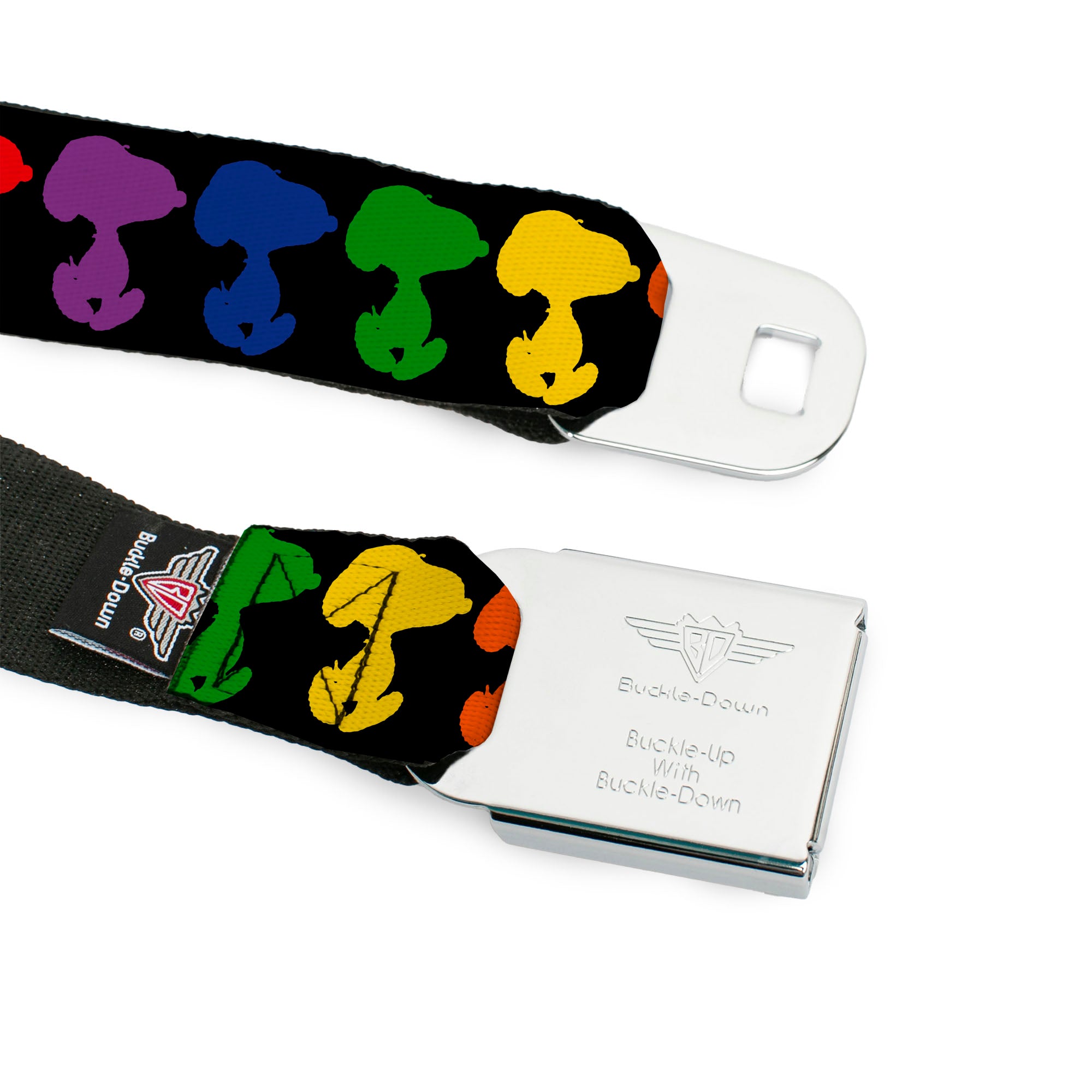 PEANUTS Title Logo Full Color Black/White Seatbelt Belt - Peanuts Snoopy Silhoutte Pose Black/Rainbow Multi Color Webbing Seatbelt Belts Peanuts
