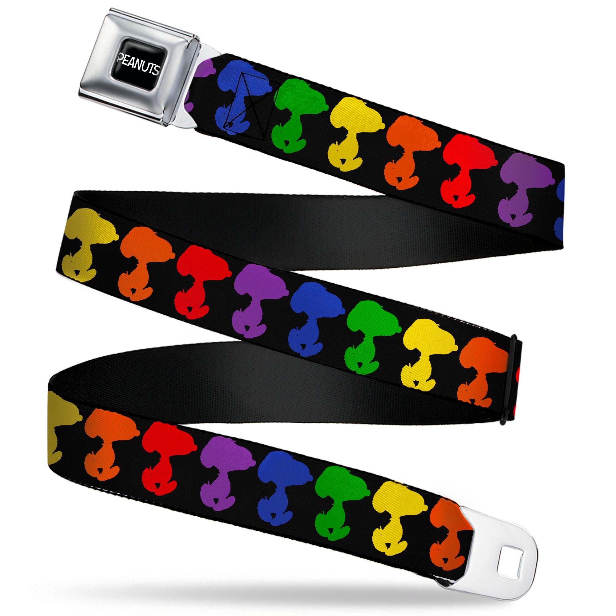 PEANUTS Title Logo Full Color Black/White Seatbelt Belt - Peanuts Snoopy Silhoutte Pose Black/Rainbow Multi Color Webbing Seatbelt Belts Peanuts