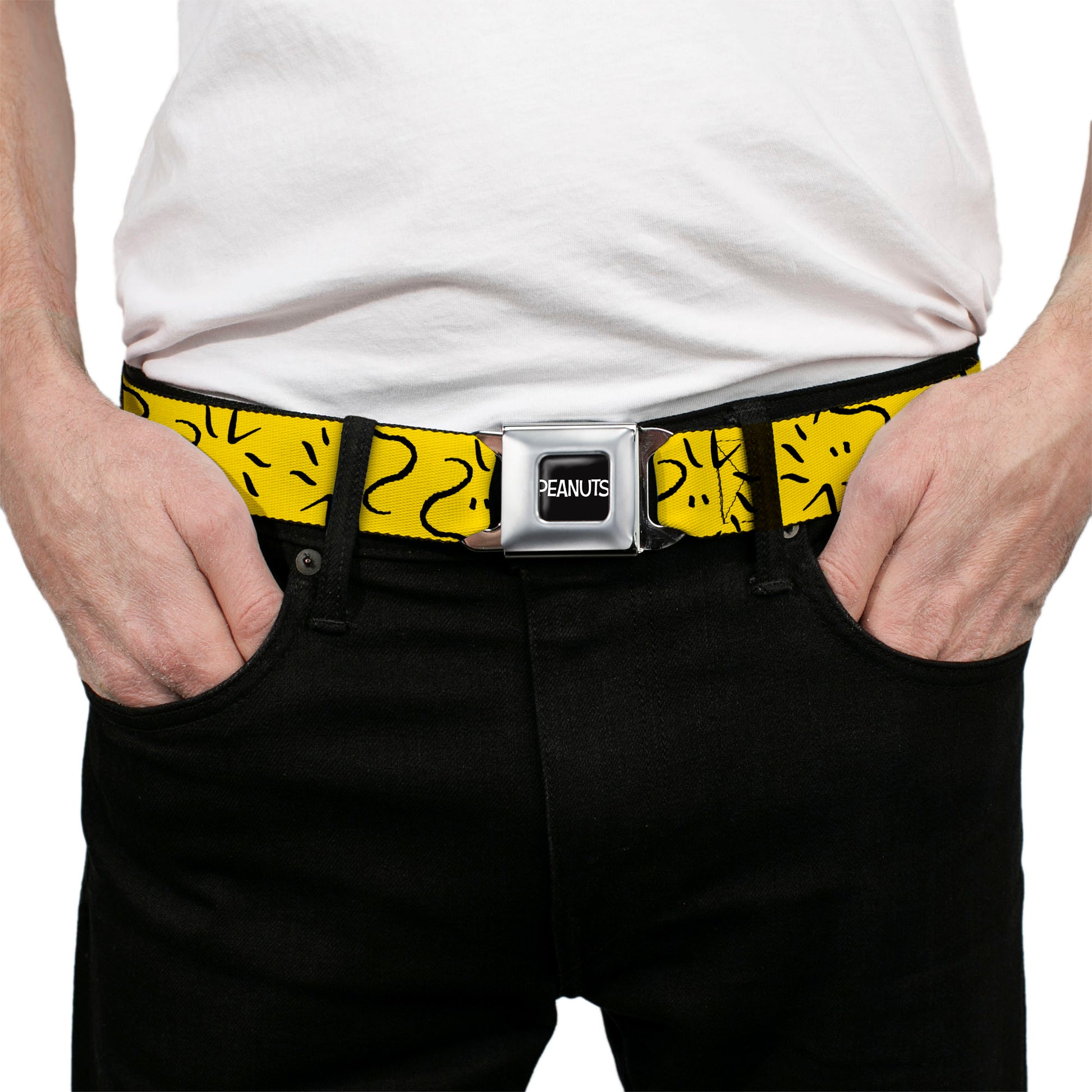 PEANUTS Title Logo Full Color Black/White Seatbelt Belt - Peanuts Woodstock Line Face Line Art Yellow/Black Webbing Seatbelt Belts Peanuts