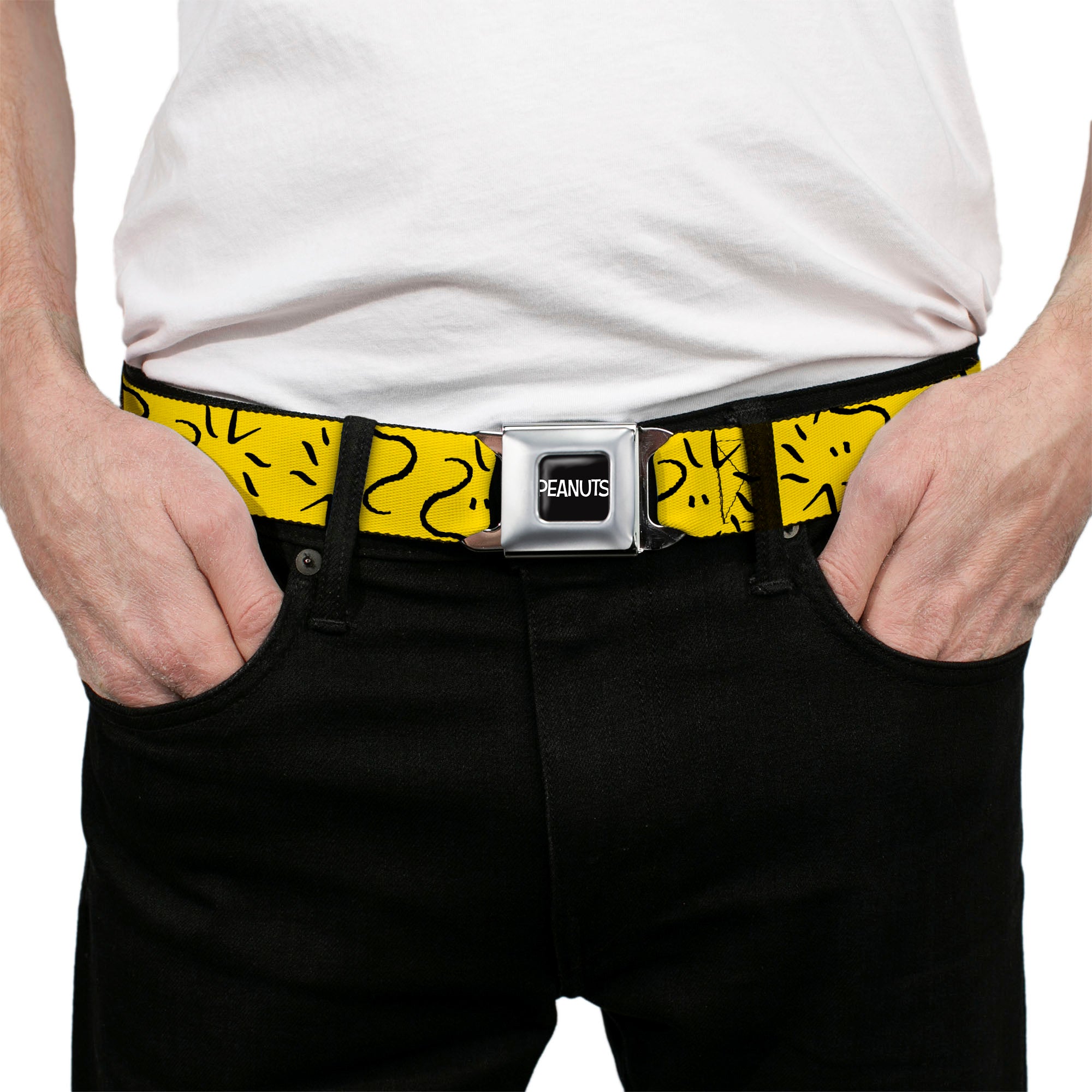 PEANUTS Title Logo Full Color Black/White Seatbelt Belt - Peanuts Woodstock Line Face Line Art Yellow/Black Webbing Seatbelt Belts Peanuts