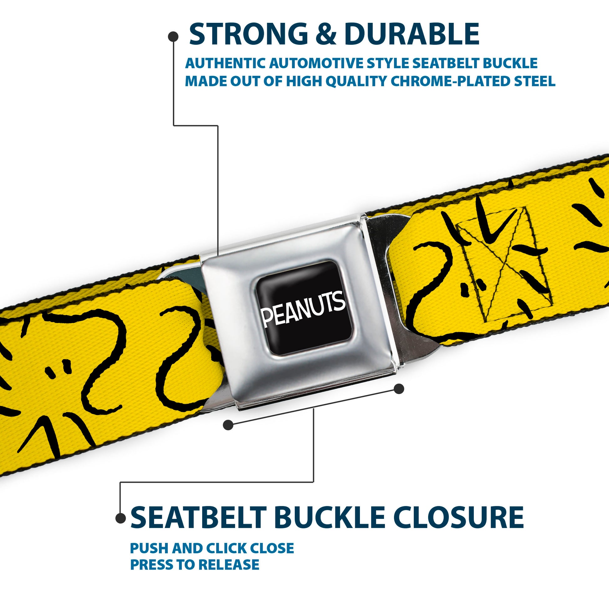PEANUTS Title Logo Full Color Black/White Seatbelt Belt - Peanuts Woodstock Line Face Line Art Yellow/Black Webbing Seatbelt Belts Peanuts