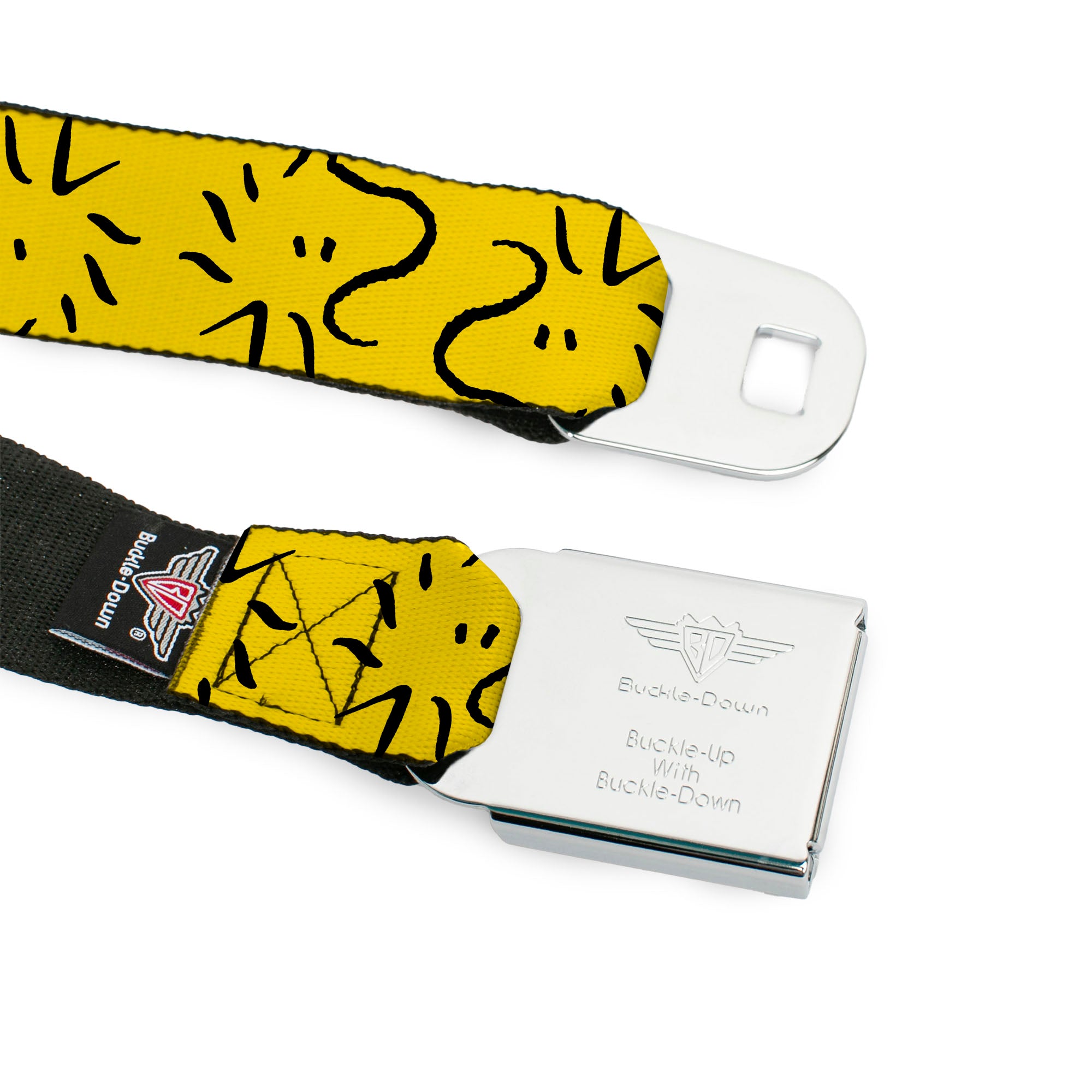 PEANUTS Title Logo Full Color Black/White Seatbelt Belt - Peanuts Woodstock Line Face Line Art Yellow/Black Webbing Seatbelt Belts Peanuts