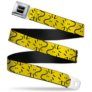 PEANUTS Title Logo Full Color Black/White Seatbelt Belt - Peanuts Woodstock Line Face Line Art Yellow/Black Webbing Seatbelt Belts Peanuts