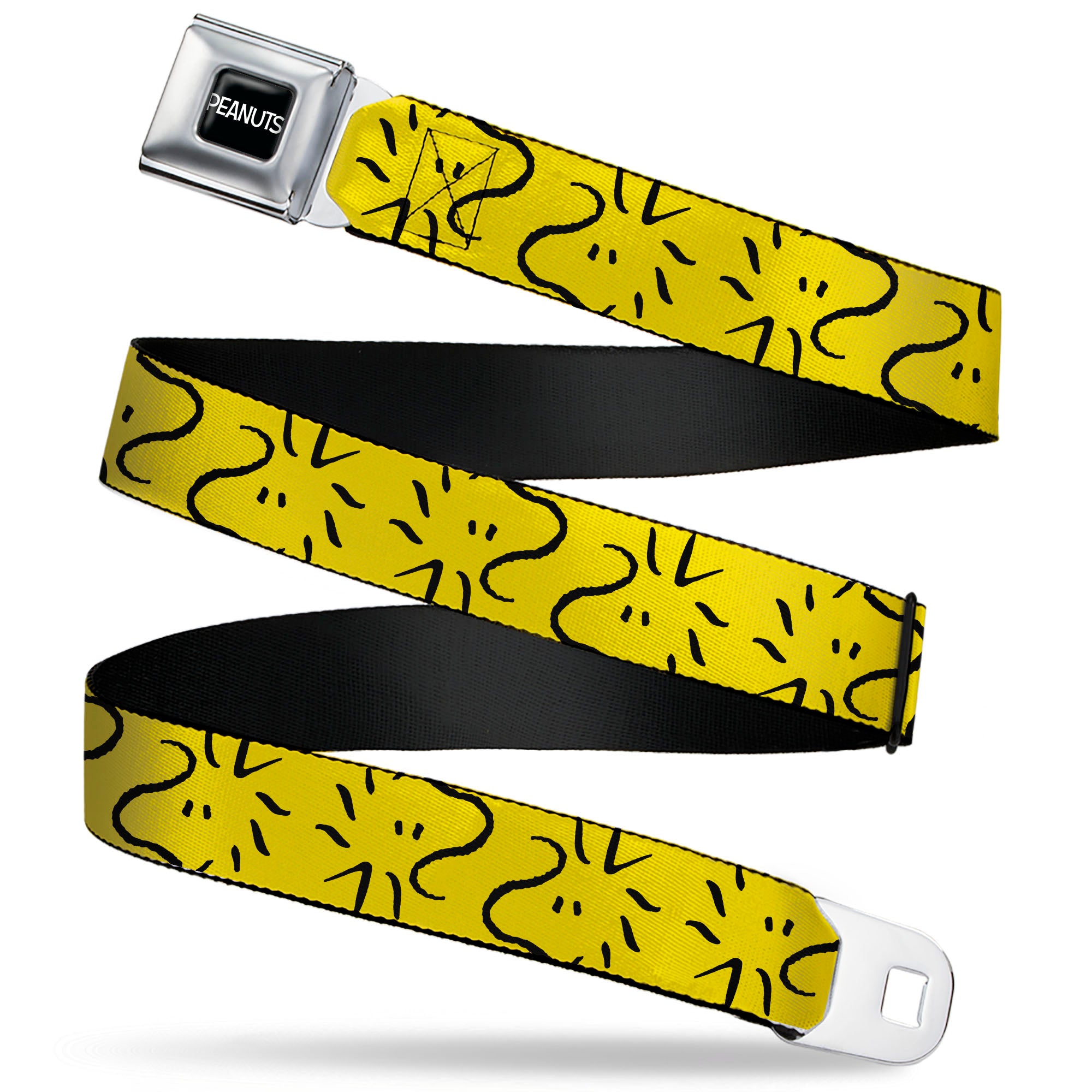 PEANUTS Title Logo Full Color Black/White Seatbelt Belt - Peanuts Woodstock Line Face Line Art Yellow/Black Webbing Seatbelt Belts Peanuts