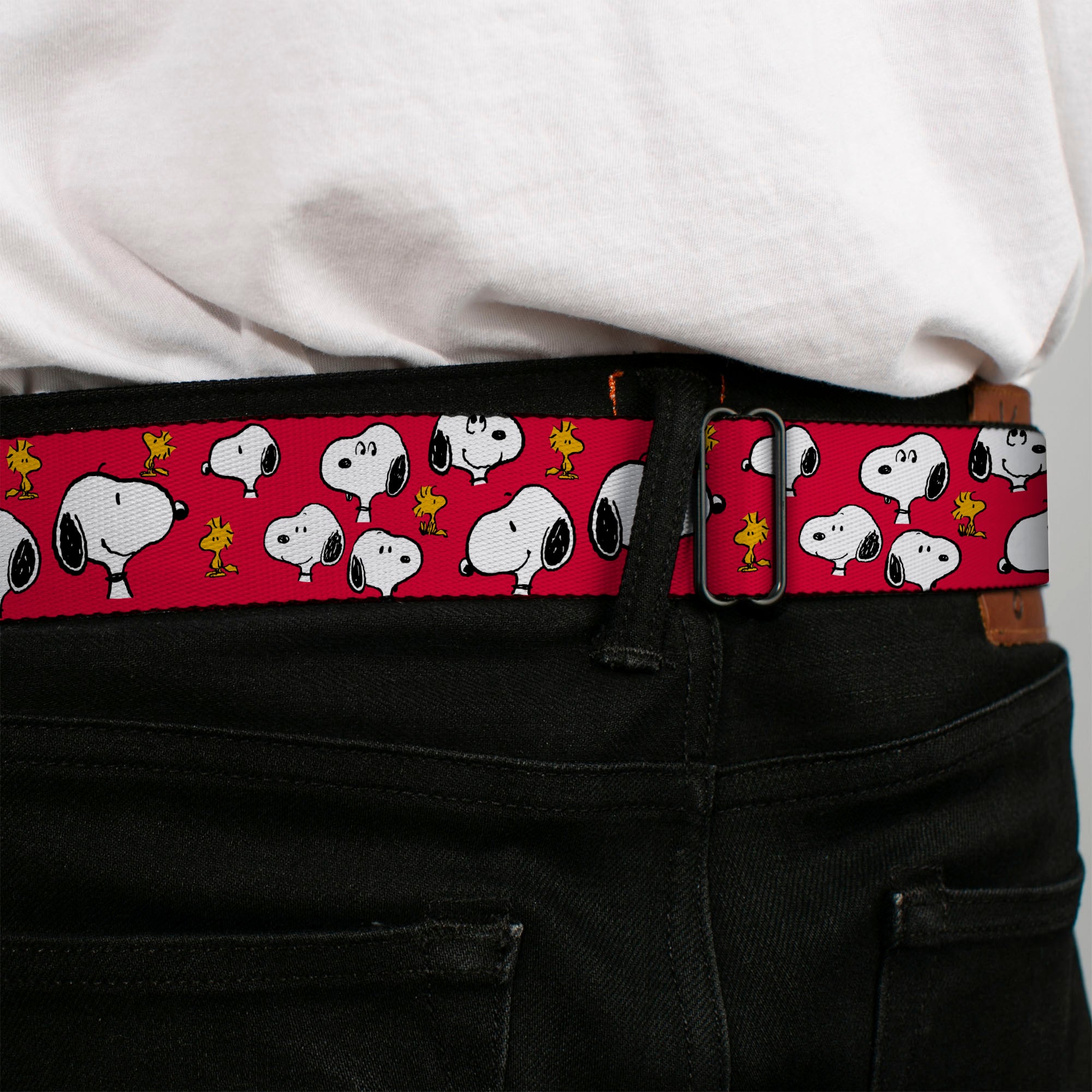 PEANUTS Title Logo Full Color Black/White Seatbelt Belt - Peanuts Snoopy and Woodstock Poses Scattered Red Webbing Seatbelt Belts Peanuts