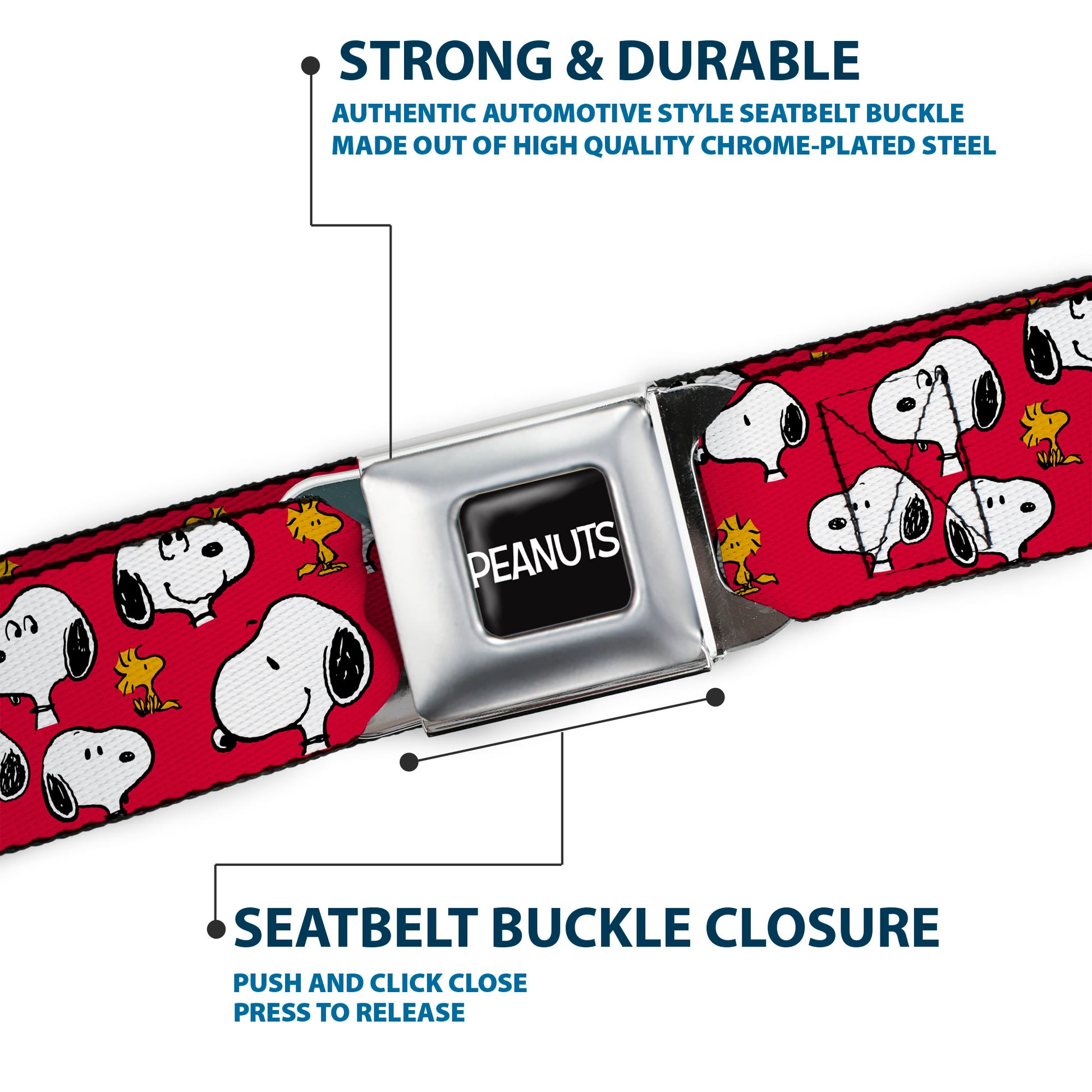 PEANUTS Title Logo Full Color Black/White Seatbelt Belt - Peanuts Snoopy and Woodstock Poses Scattered Red Webbing Seatbelt Belts Peanuts