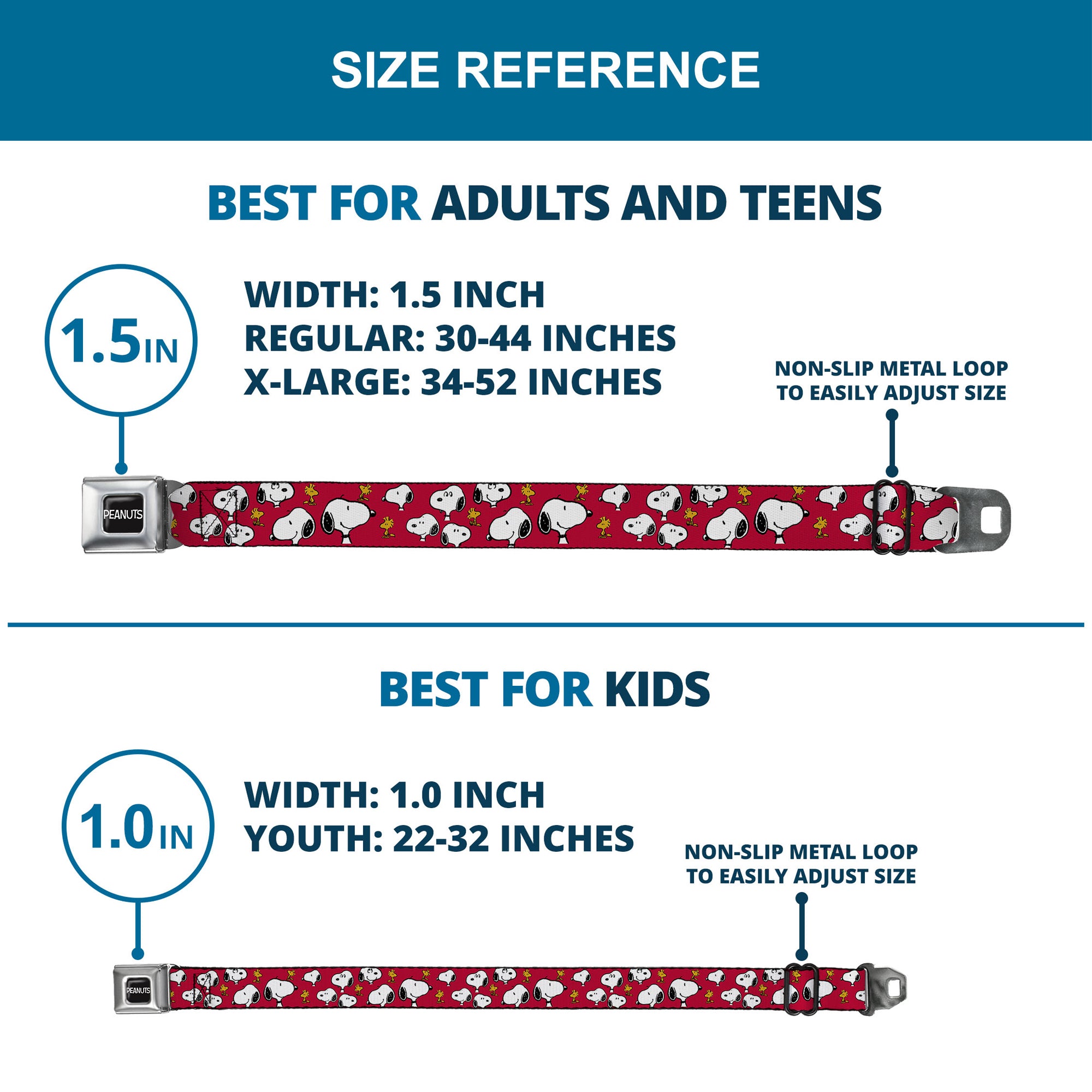 PEANUTS Title Logo Full Color Black/White Seatbelt Belt - Peanuts Snoopy and Woodstock Poses Scattered Red Webbing Seatbelt Belts Peanuts