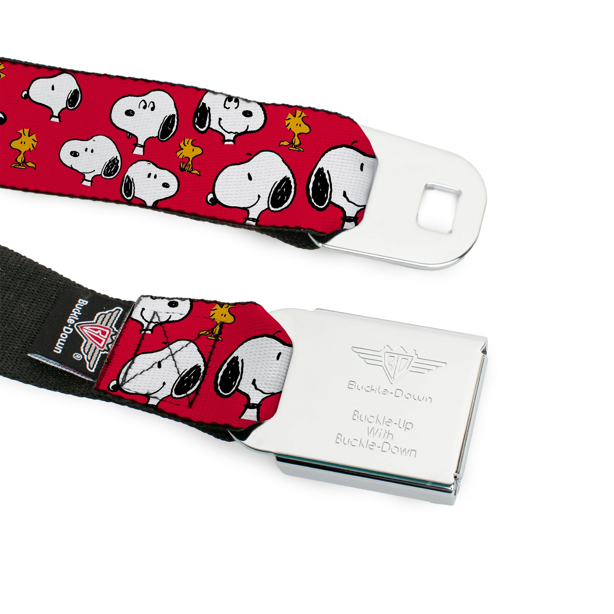 PEANUTS Title Logo Full Color Black/White Seatbelt Belt - Peanuts Snoopy and Woodstock Poses Scattered Red Webbing Seatbelt Belts Peanuts