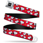 PEANUTS Title Logo Full Color Black/White Seatbelt Belt - Peanuts Snoopy and Woodstock Poses Scattered Red Webbing Seatbelt Belts Peanuts