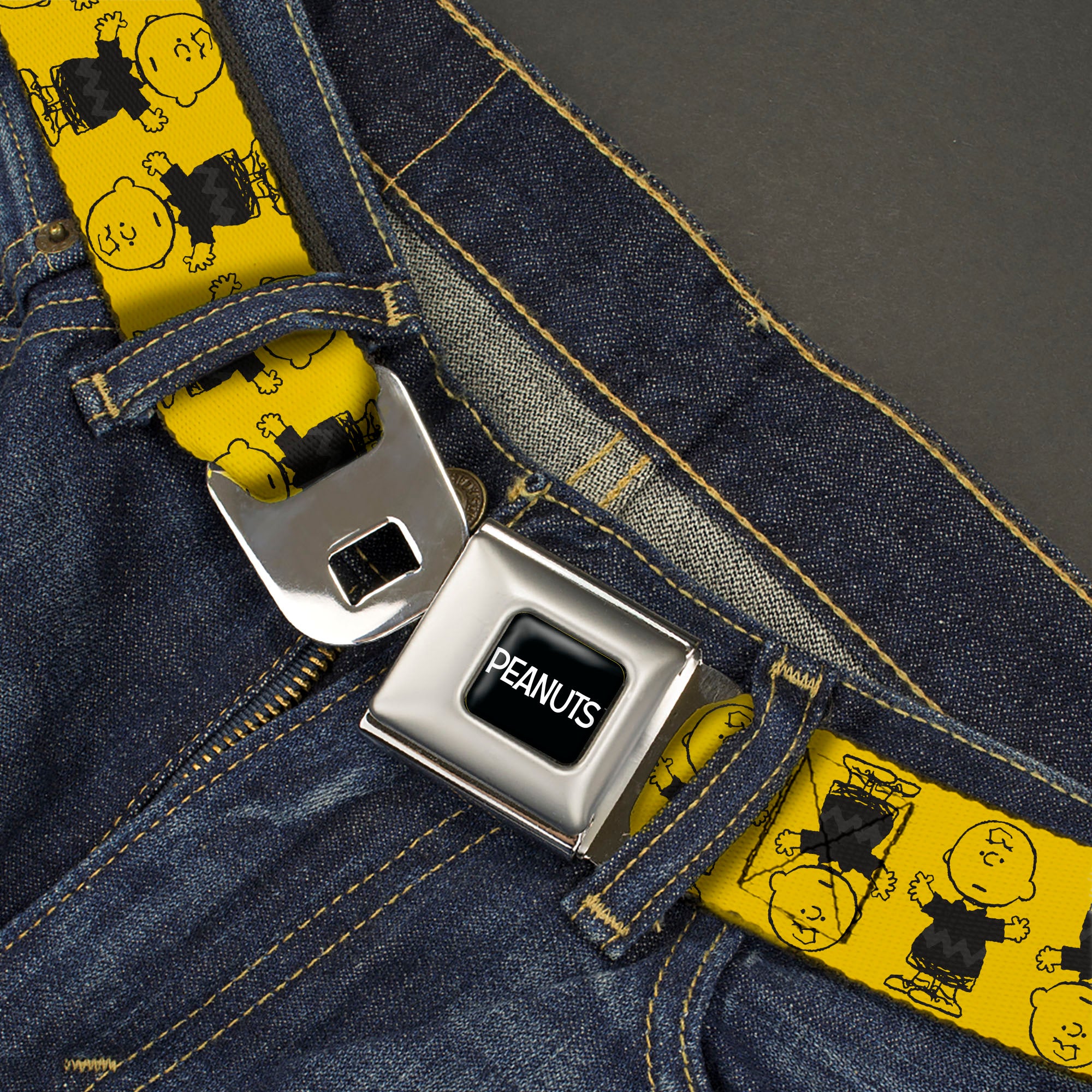 PEANUTS Title Logo Full Color Black/White Seatbelt Belt - Peanuts Charlie Brown Pose Flip Yellow/Black Webbing Seatbelt Belts Peanuts