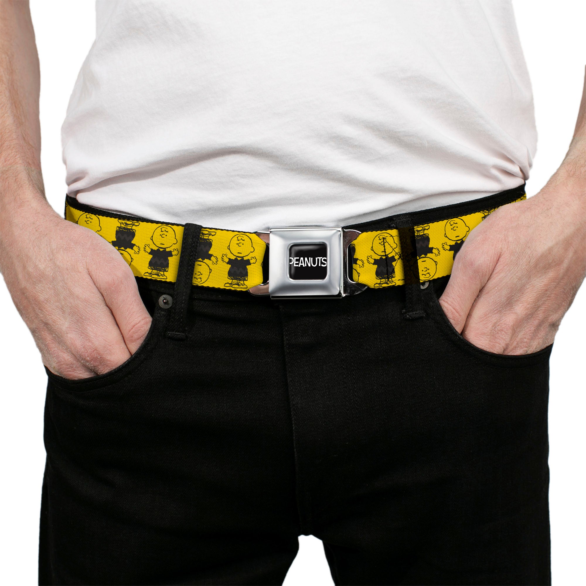 PEANUTS Title Logo Full Color Black/White Seatbelt Belt - Peanuts Charlie Brown Pose Flip Yellow/Black Webbing Seatbelt Belts Peanuts