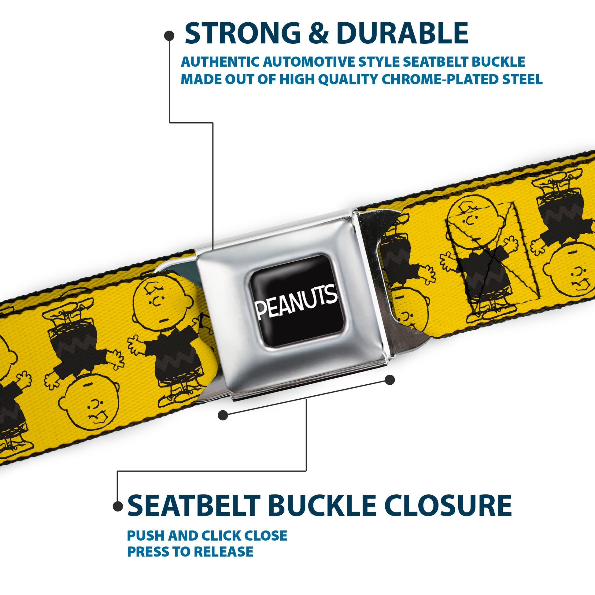 PEANUTS Title Logo Full Color Black/White Seatbelt Belt - Peanuts Charlie Brown Pose Flip Yellow/Black Webbing Seatbelt Belts Peanuts