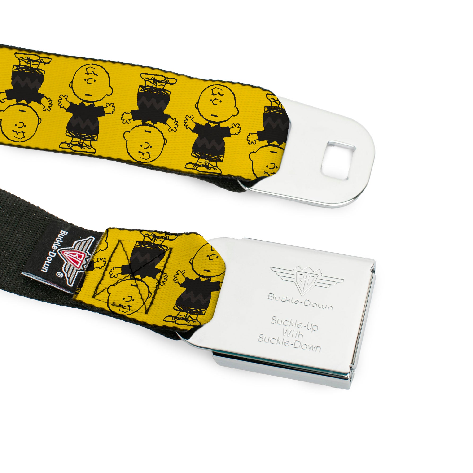 PEANUTS Title Logo Full Color Black/White Seatbelt Belt - Peanuts Charlie Brown Pose Flip Yellow/Black Webbing Seatbelt Belts Peanuts