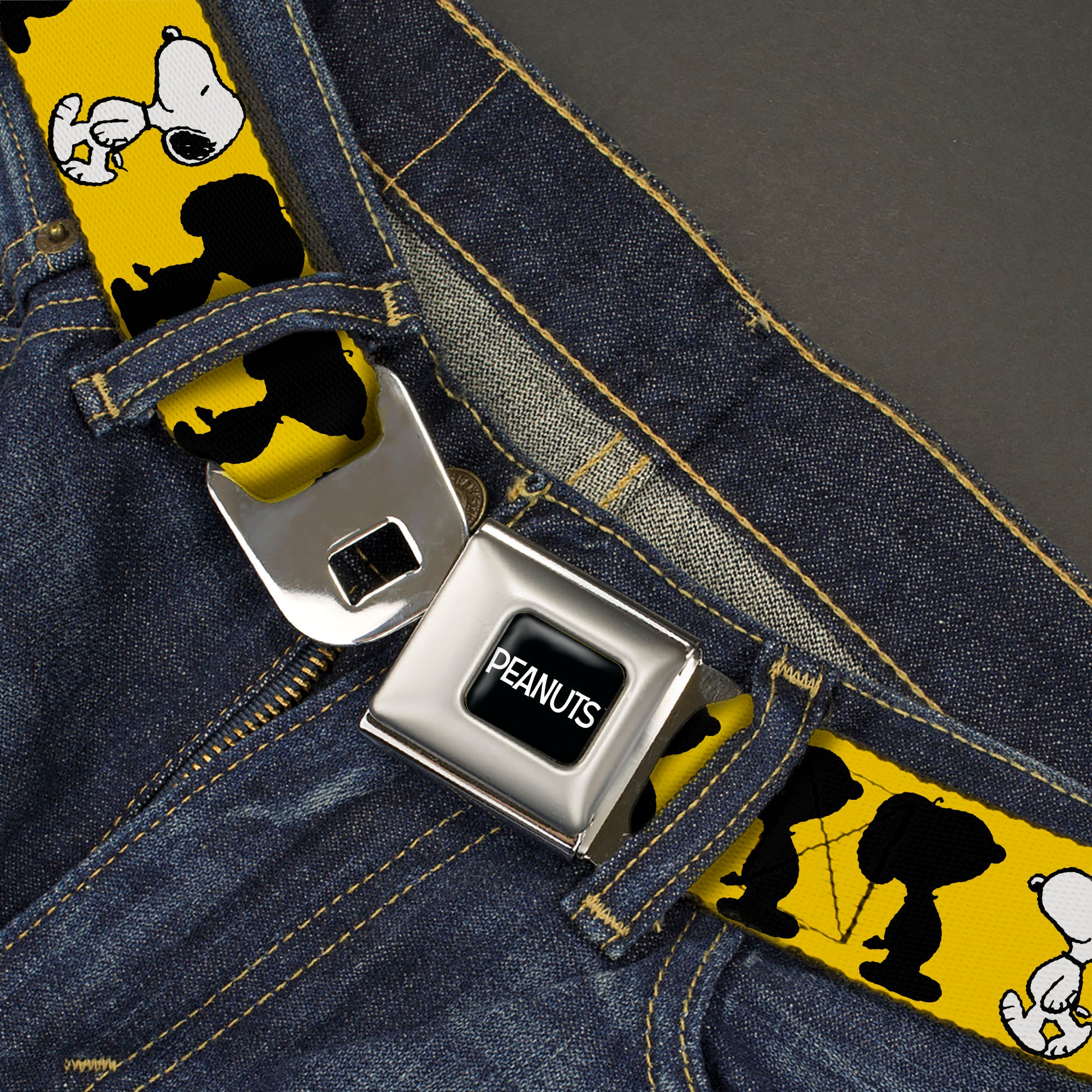 PEANUTS Title Logo Full Color Black/White Seatbelt Belt - Peanuts Snoopy Walking/Silhouette Pose Yellow/Black/White Webbing Seatbelt Belts Peanuts