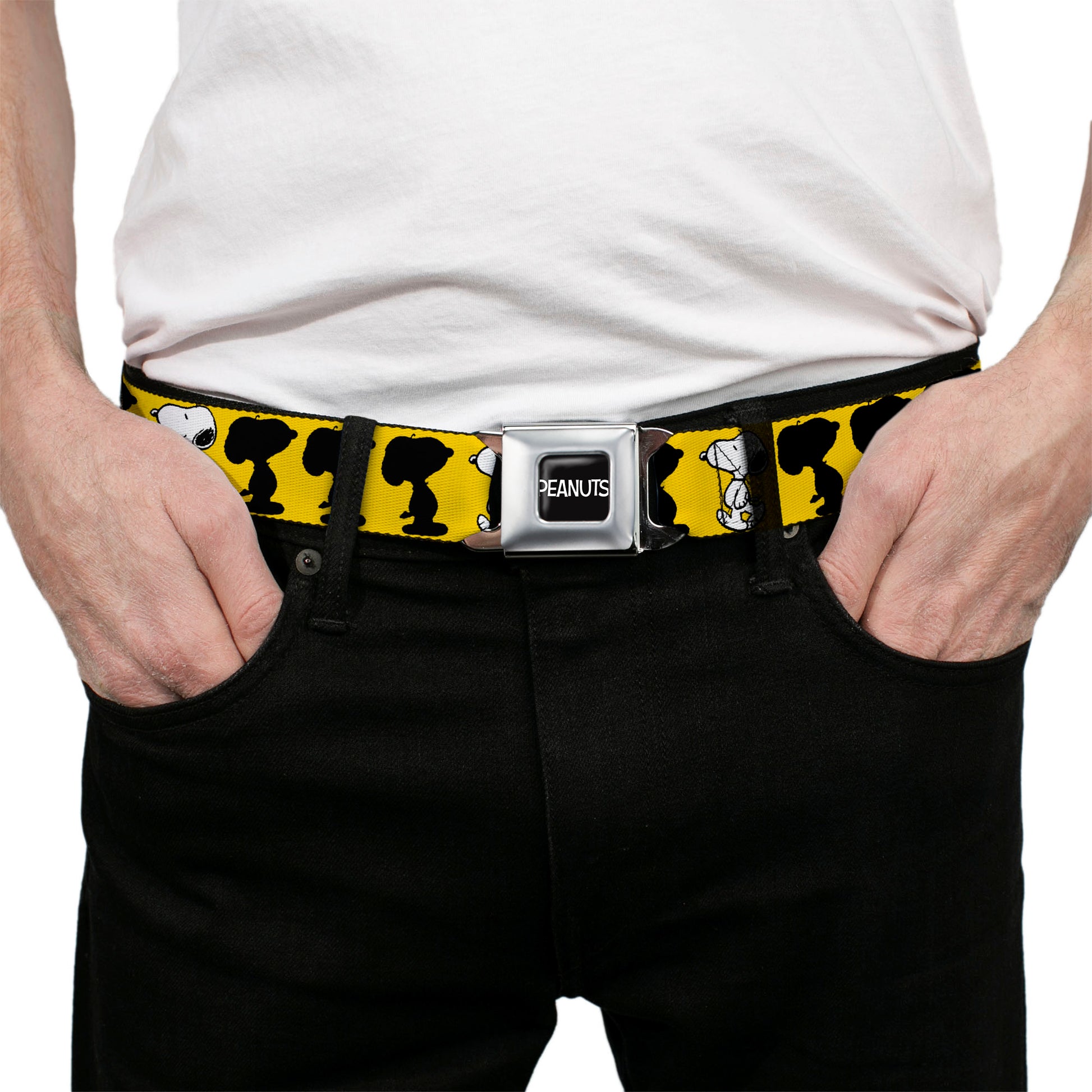 PEANUTS Title Logo Full Color Black/White Seatbelt Belt - Peanuts Snoopy Walking/Silhouette Pose Yellow/Black/White Webbing Seatbelt Belts Peanuts