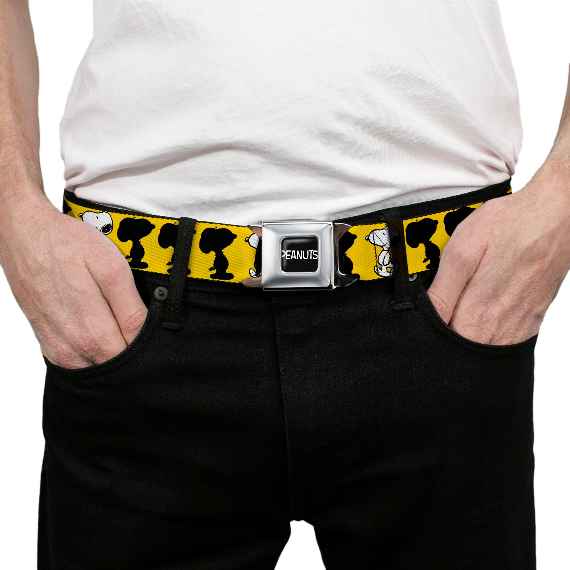 PEANUTS Title Logo Full Color Black/White Seatbelt Belt - Peanuts Snoopy Walking/Silhouette Pose Yellow/Black/White Webbing Seatbelt Belts Peanuts