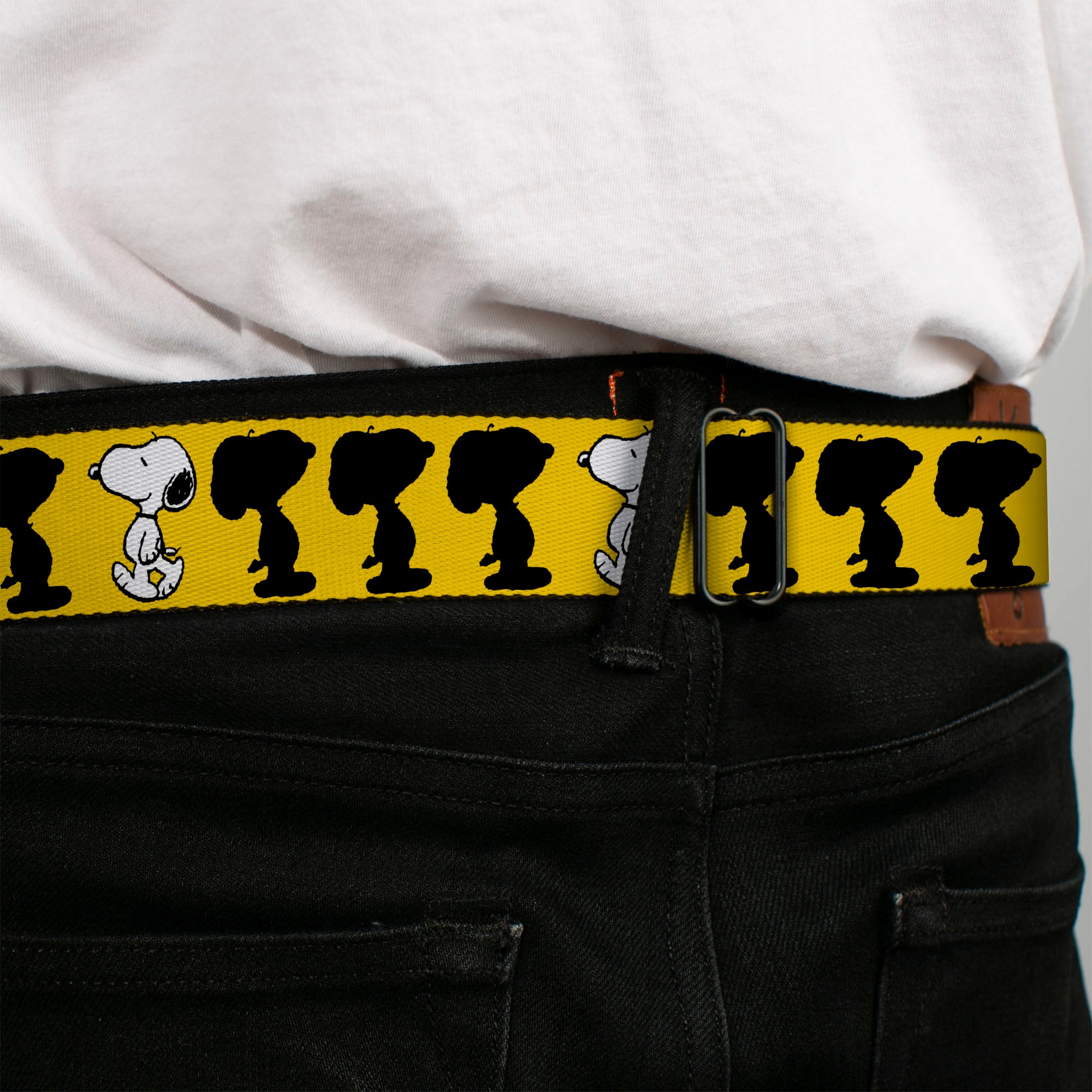 PEANUTS Title Logo Full Color Black/White Seatbelt Belt - Peanuts Snoopy Walking/Silhouette Pose Yellow/Black/White Webbing Seatbelt Belts Peanuts