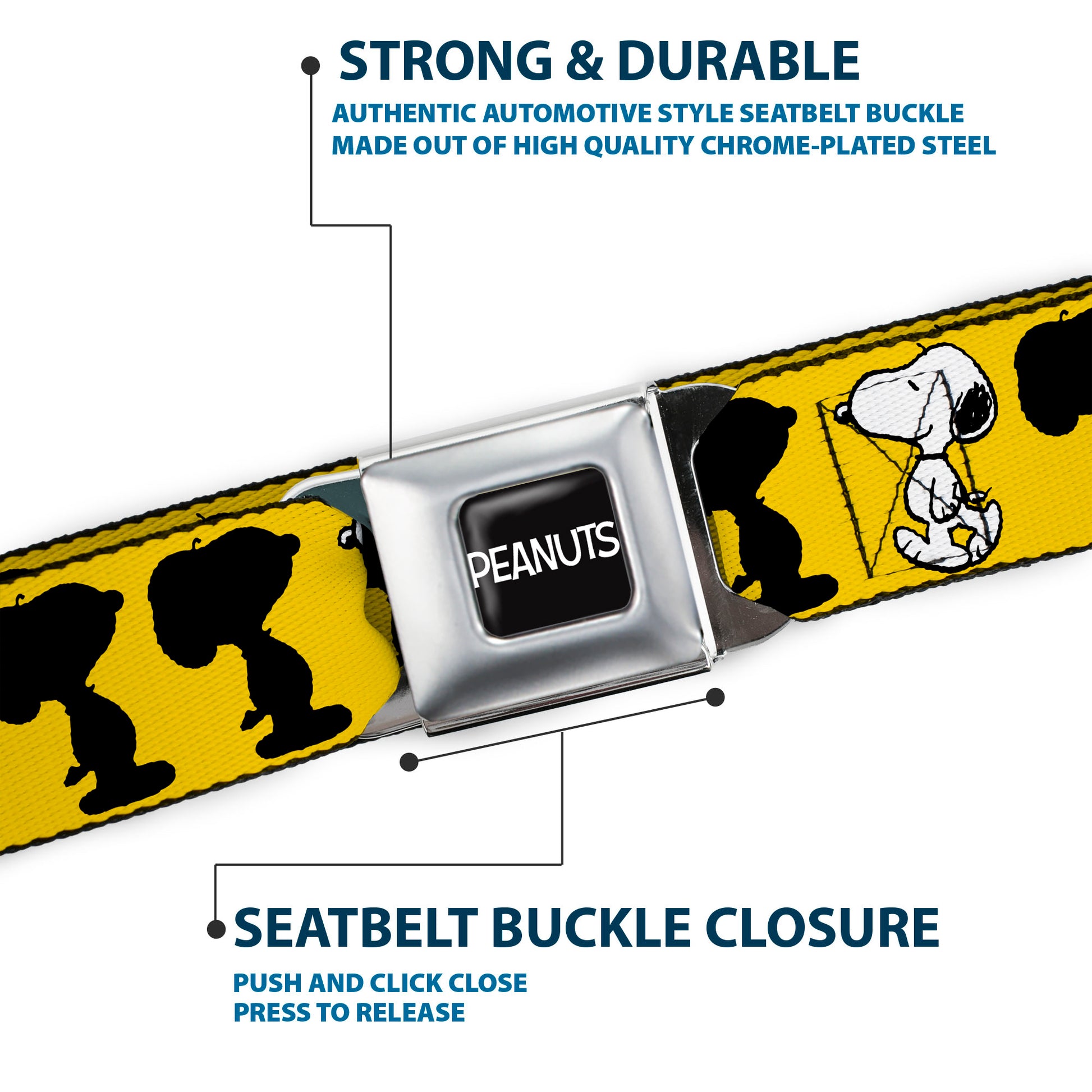 PEANUTS Title Logo Full Color Black/White Seatbelt Belt - Peanuts Snoopy Walking/Silhouette Pose Yellow/Black/White Webbing Seatbelt Belts Peanuts