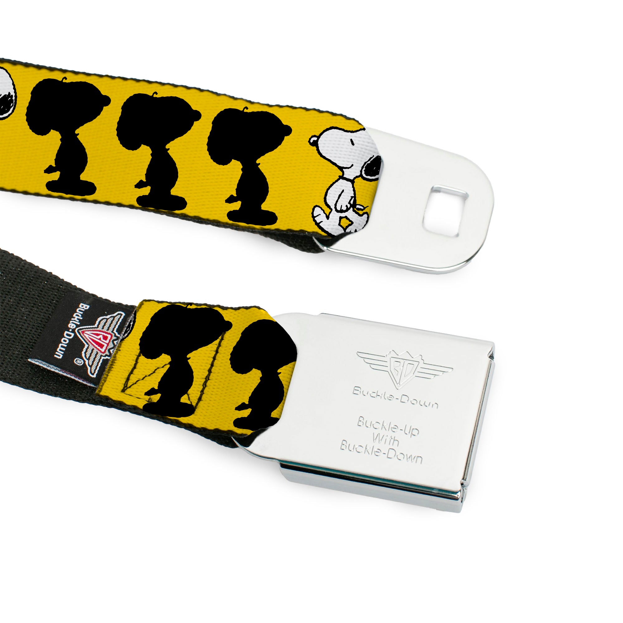 PEANUTS Title Logo Full Color Black/White Seatbelt Belt - Peanuts Snoopy Walking/Silhouette Pose Yellow/Black/White Webbing Seatbelt Belts Peanuts