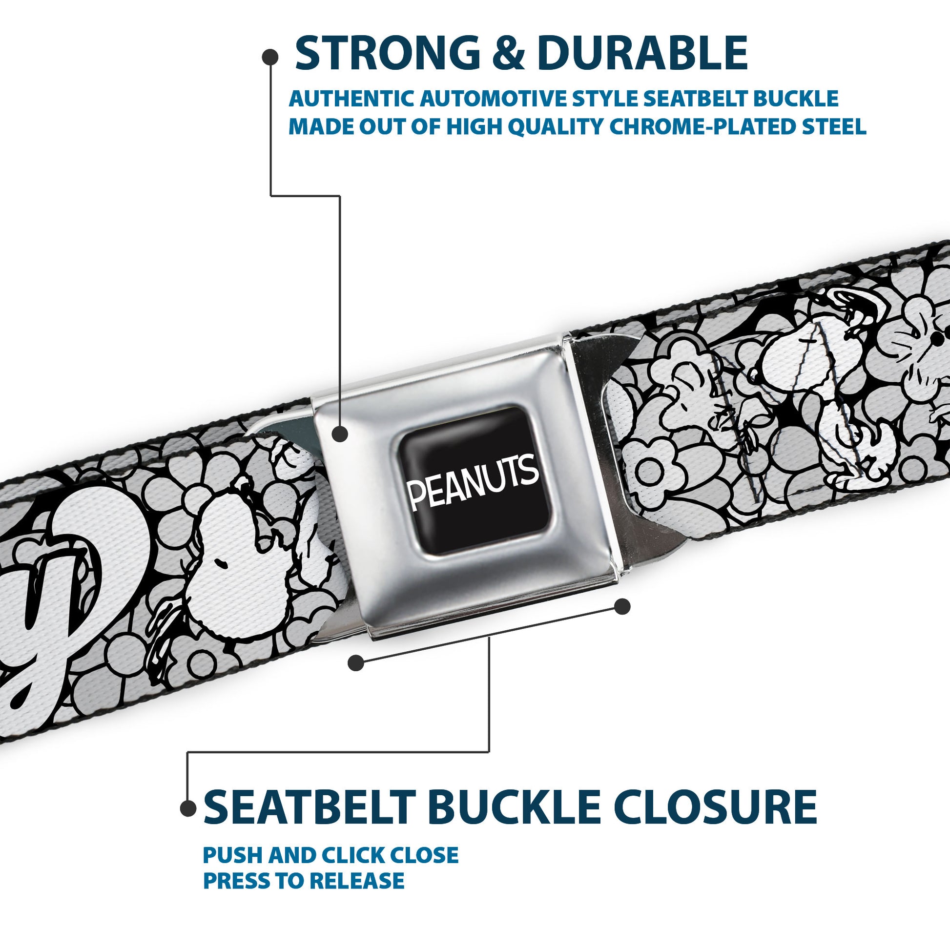 PEANUTS Title Logo Full Color Black/White Seatbelt Belt - Snoopy Poses and Daisy Flowers Collage Black/Grays/White Webbing Seatbelt Belts Peanuts