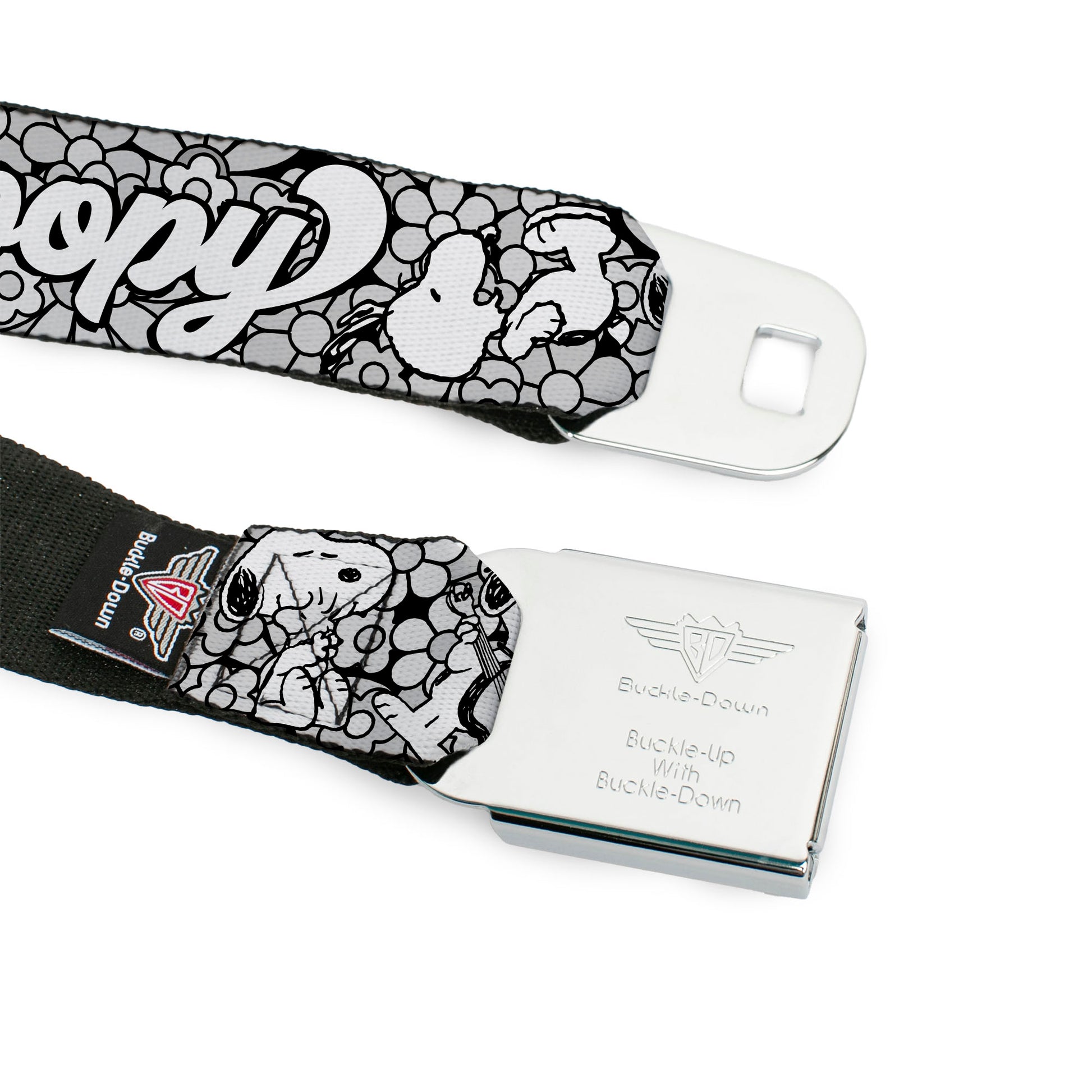PEANUTS Title Logo Full Color Black/White Seatbelt Belt - Snoopy Poses and Daisy Flowers Collage Black/Grays/White Webbing Seatbelt Belts Peanuts