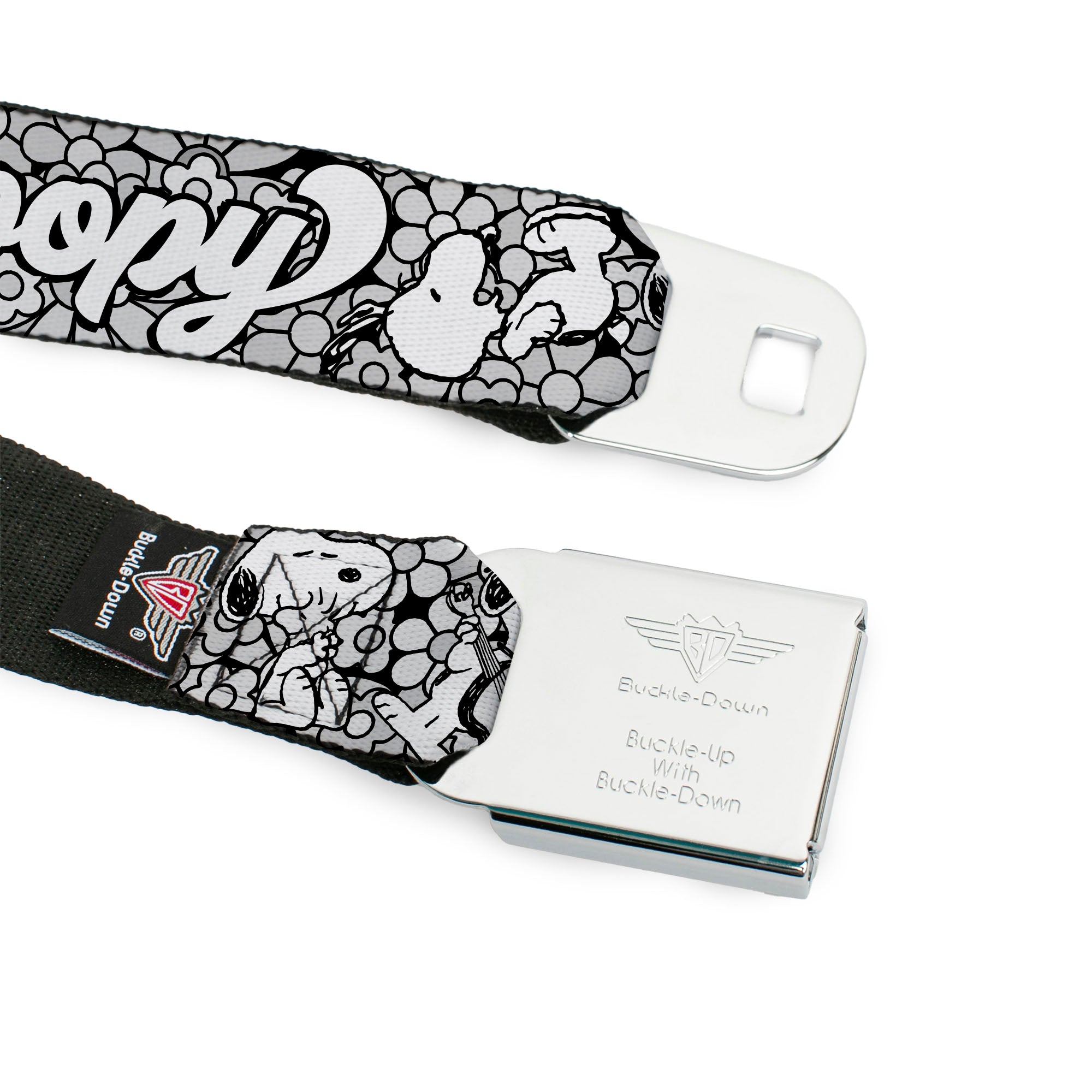 PEANUTS Title Logo Full Color Black/White Seatbelt Belt - Snoopy Poses and Daisy Flowers Collage Black/Grays/White Webbing Seatbelt Belts Peanuts