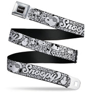 PEANUTS Title Logo Full Color Black/White Seatbelt Belt - Snoopy Poses and Daisy Flowers Collage Black/Grays/White Webbing Seatbelt Belts Peanuts