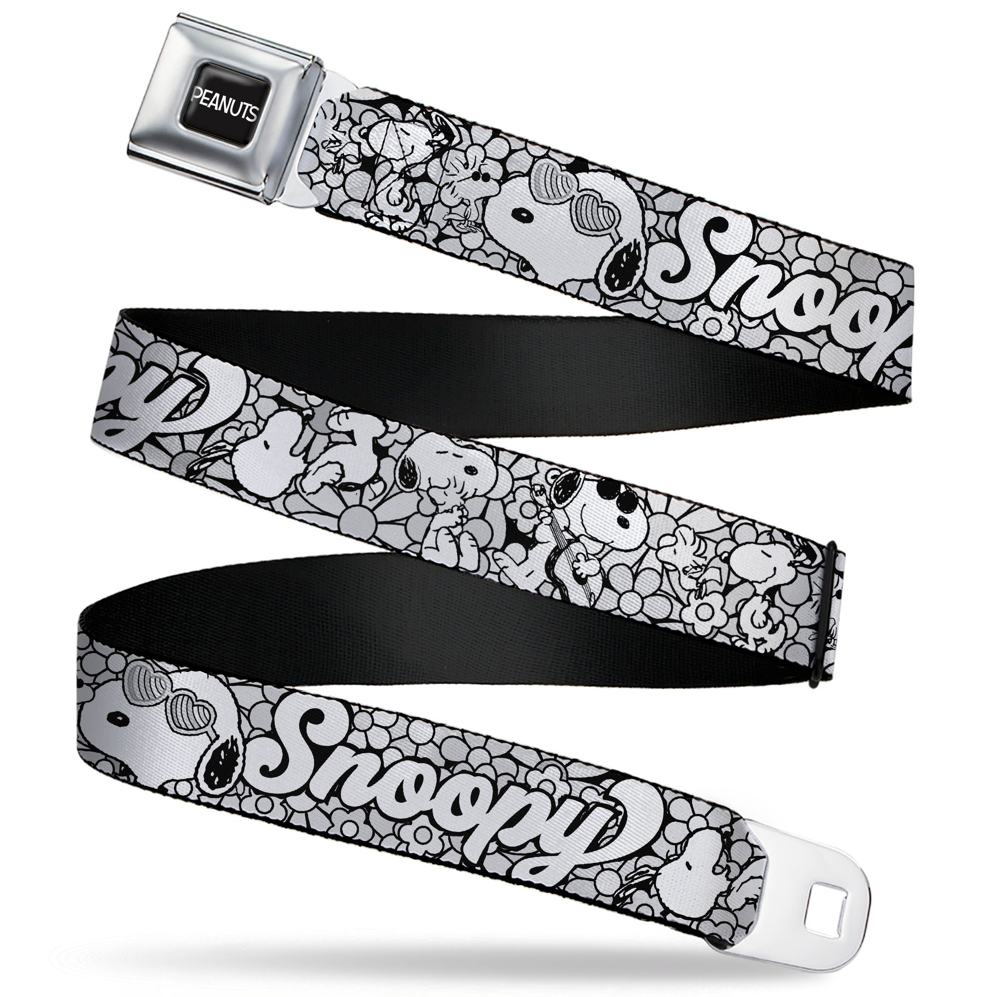 PEANUTS Title Logo Full Color Black/White Seatbelt Belt - Snoopy Poses and Daisy Flowers Collage Black/Grays/White Webbing Seatbelt Belts Peanuts