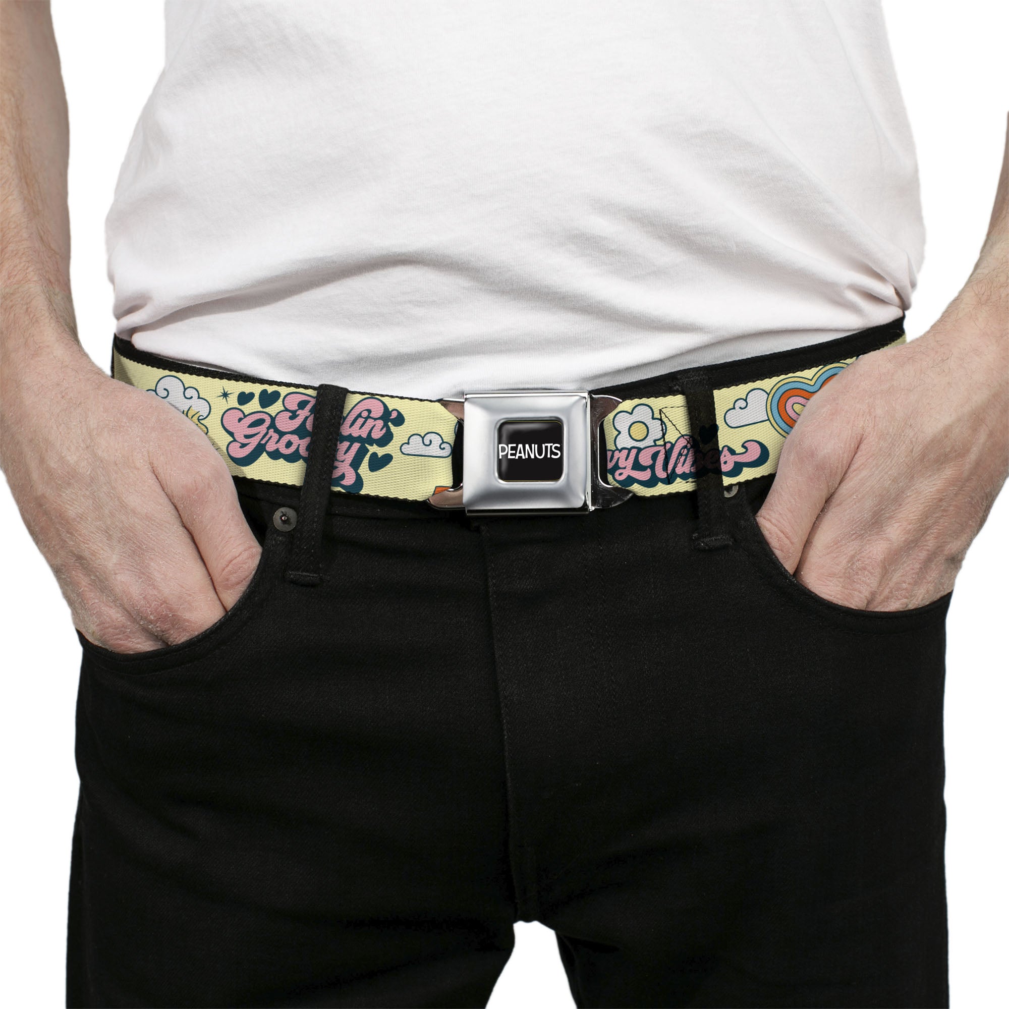 PEANUTS Title Logo Full Color Black/White Seatbelt Belt - Peanuts Snoopy Flying Ace and Woodstock GROOVY Quotes Collage Yellow Webbing Seatbelt Belts Peanuts