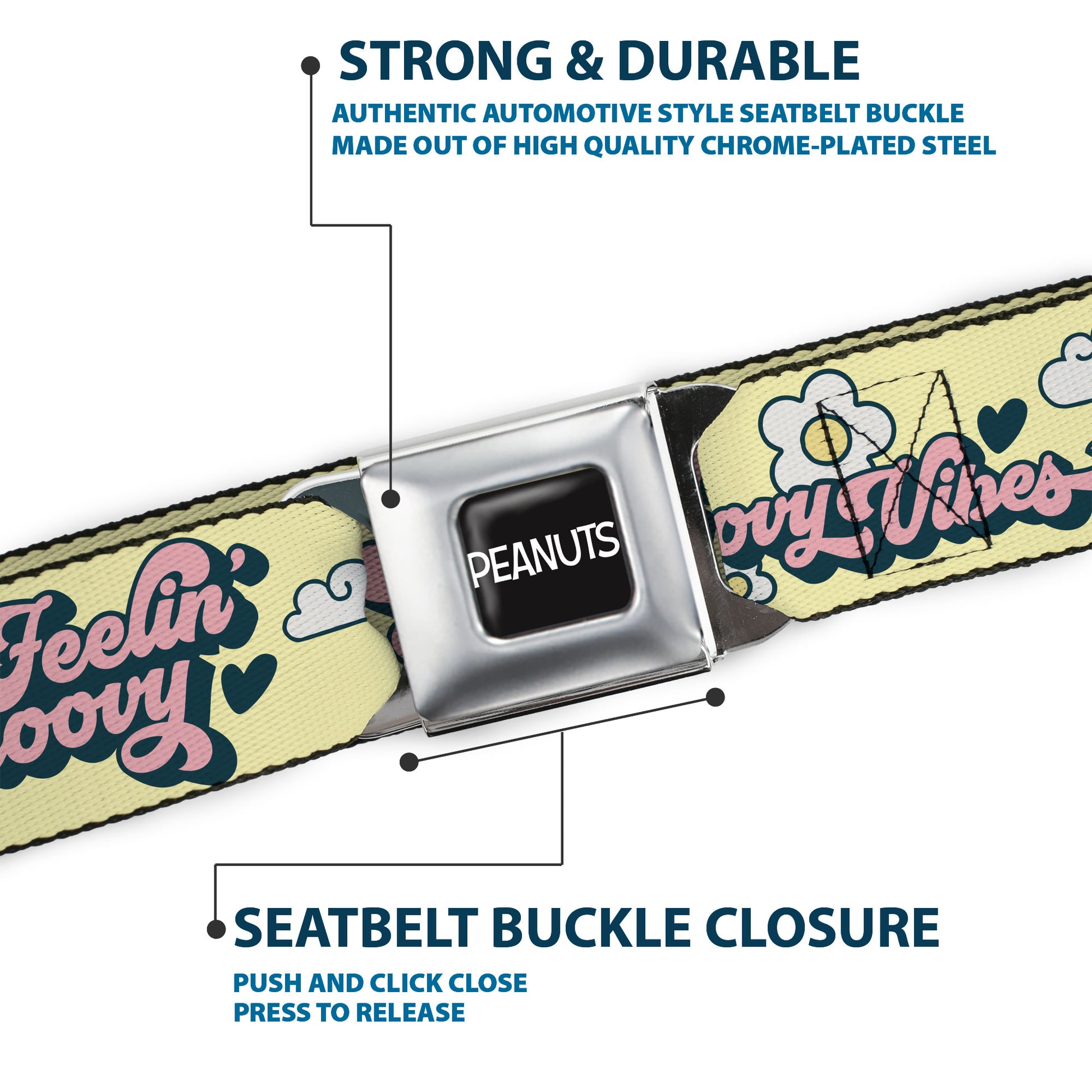 PEANUTS Title Logo Full Color Black/White Seatbelt Belt - Peanuts Snoopy Flying Ace and Woodstock GROOVY Quotes Collage Yellow Webbing Seatbelt Belts Peanuts