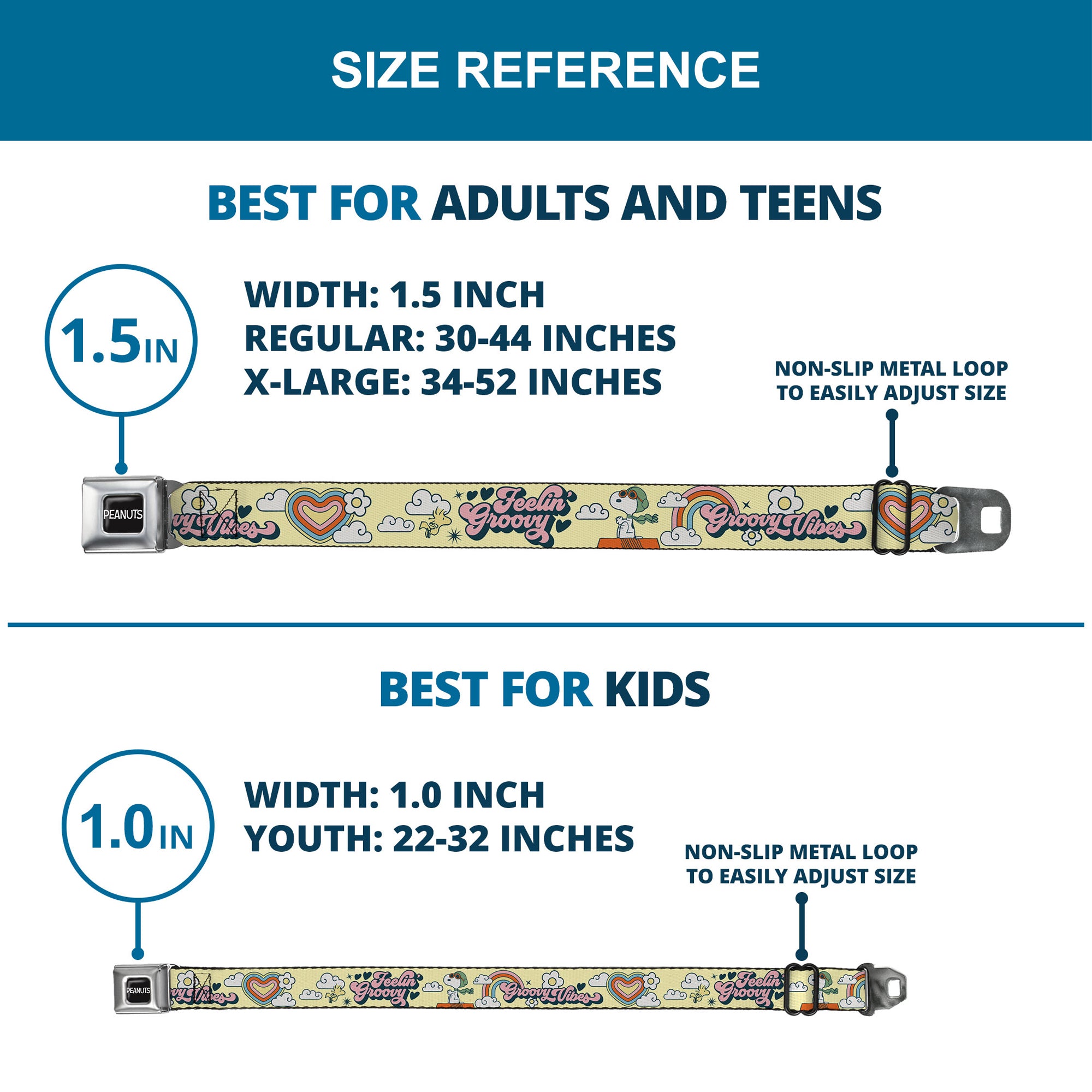 PEANUTS Title Logo Full Color Black/White Seatbelt Belt - Peanuts Snoopy Flying Ace and Woodstock GROOVY Quotes Collage Yellow Webbing Seatbelt Belts Peanuts