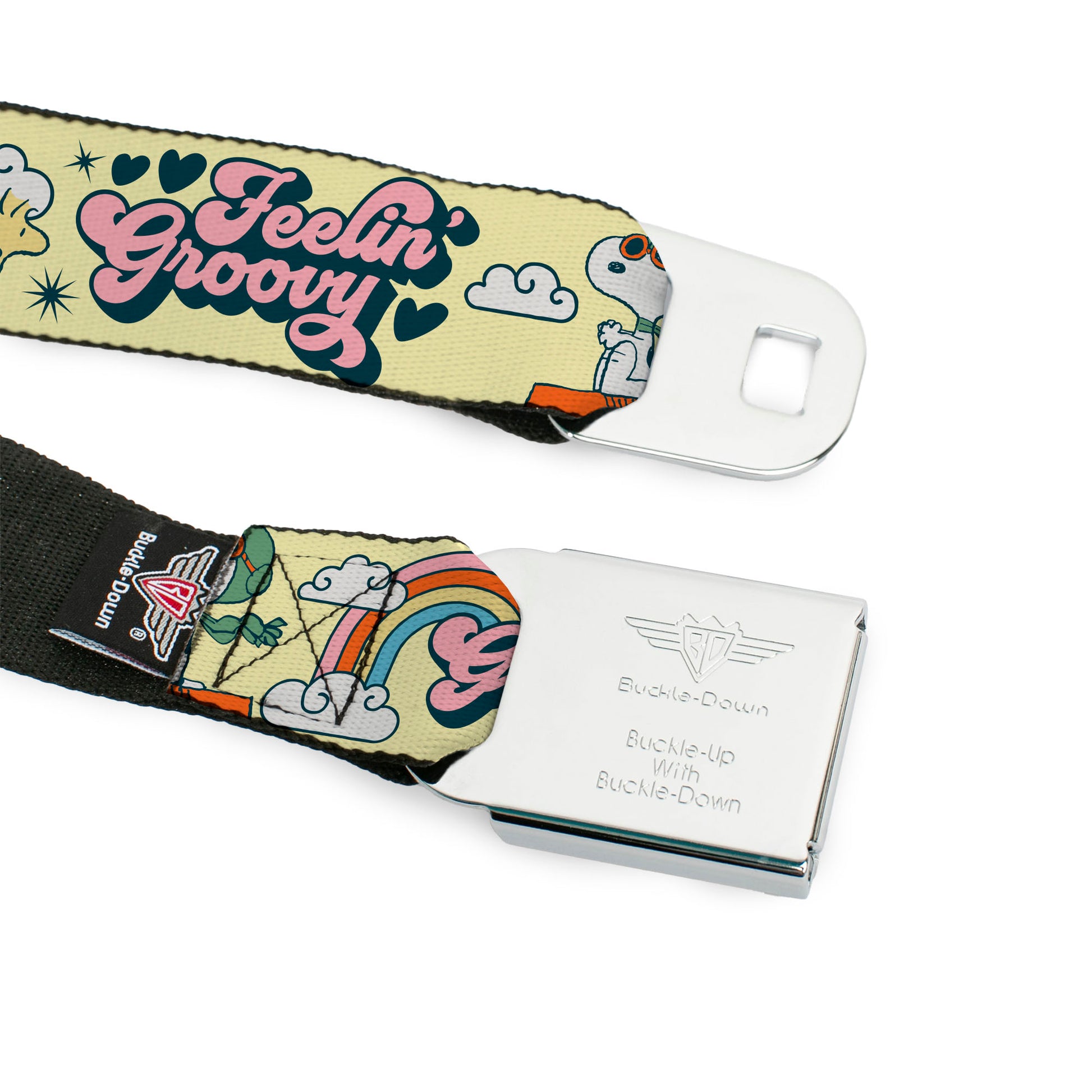 PEANUTS Title Logo Full Color Black/White Seatbelt Belt - Peanuts Snoopy Flying Ace and Woodstock GROOVY Quotes Collage Yellow Webbing Seatbelt Belts Peanuts