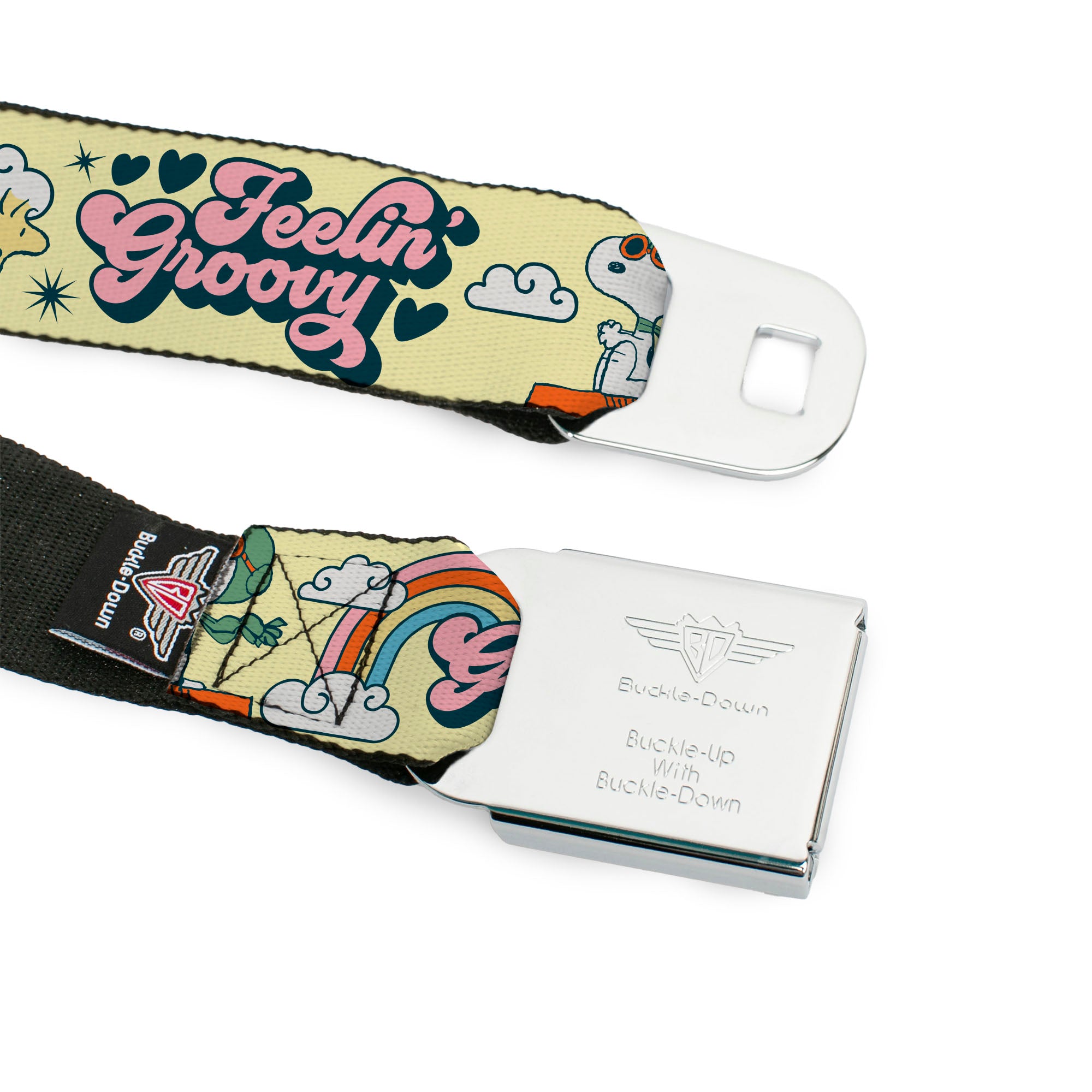 PEANUTS Title Logo Full Color Black/White Seatbelt Belt - Peanuts Snoopy Flying Ace and Woodstock GROOVY Quotes Collage Yellow Webbing Seatbelt Belts Peanuts