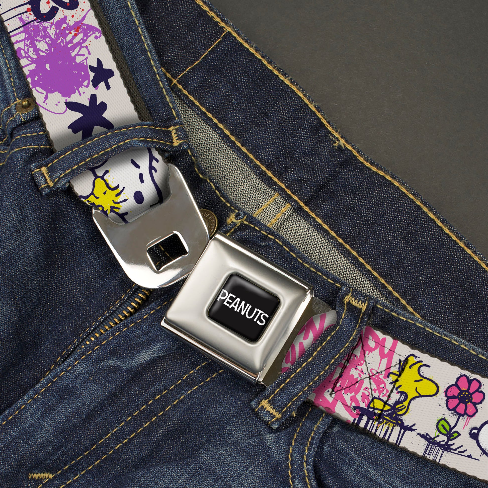 PEANUTS Title Logo Full Color Black/White Seatbelt Belt - Peanuts Snoopy and Woodstock Graffiti Collage White/Multi Color Webbing Seatbelt Belts Peanuts