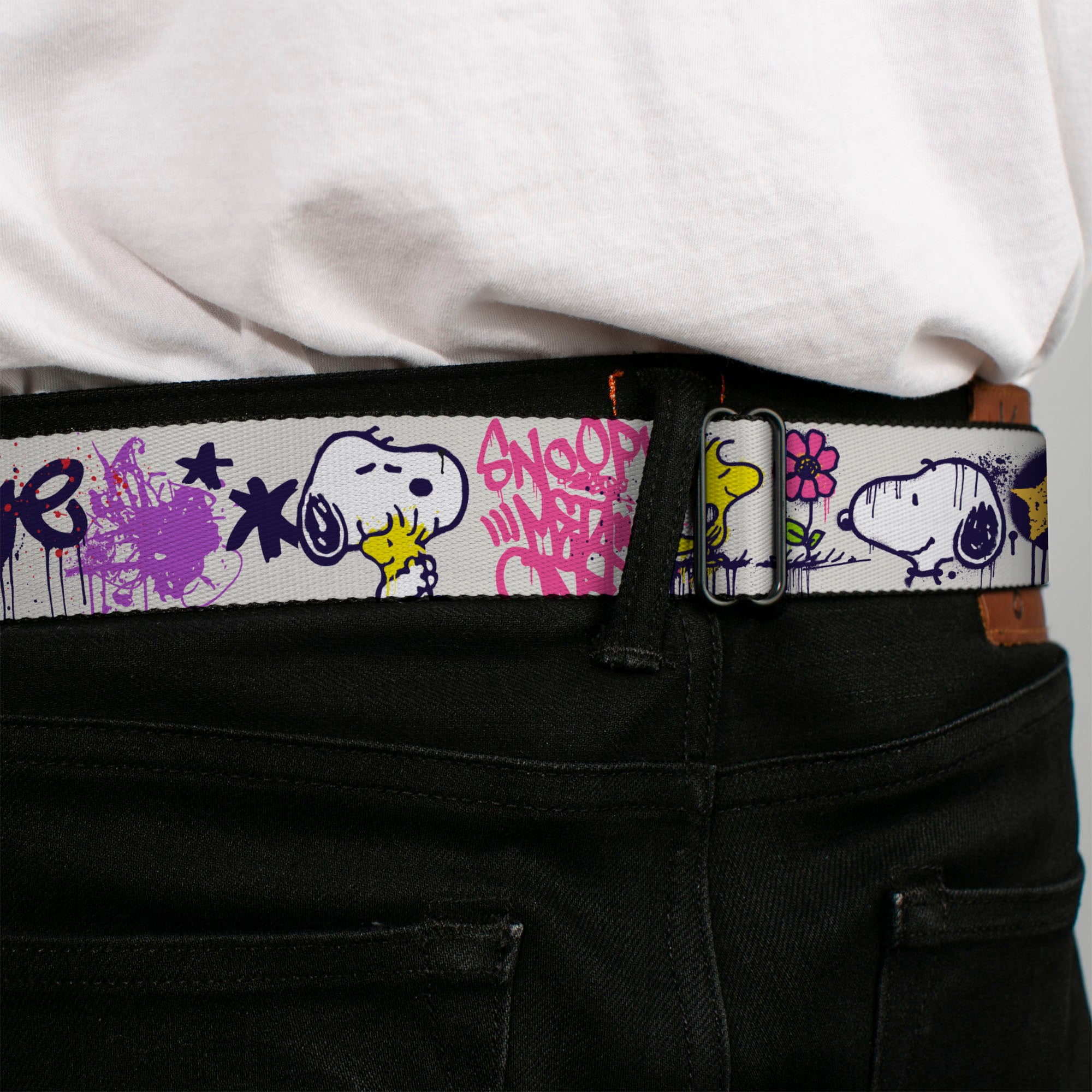 PEANUTS Title Logo Full Color Black/White Seatbelt Belt - Peanuts Snoopy and Woodstock Graffiti Collage White/Multi Color Webbing Seatbelt Belts Peanuts