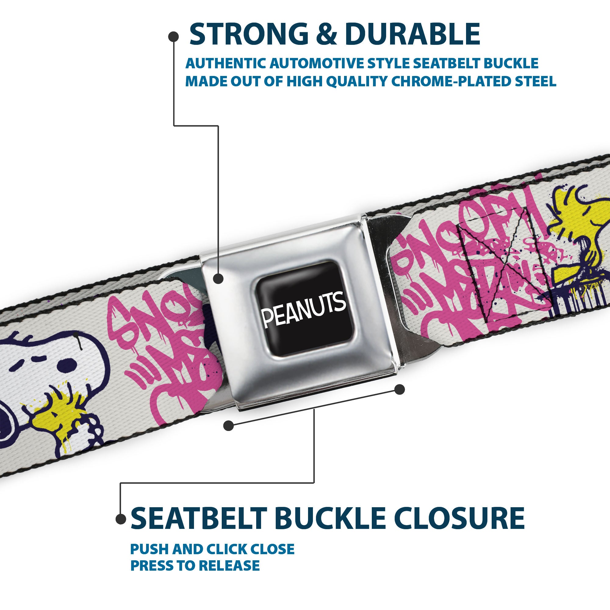 PEANUTS Title Logo Full Color Black/White Seatbelt Belt - Peanuts Snoopy and Woodstock Graffiti Collage White/Multi Color Webbing Seatbelt Belts Peanuts