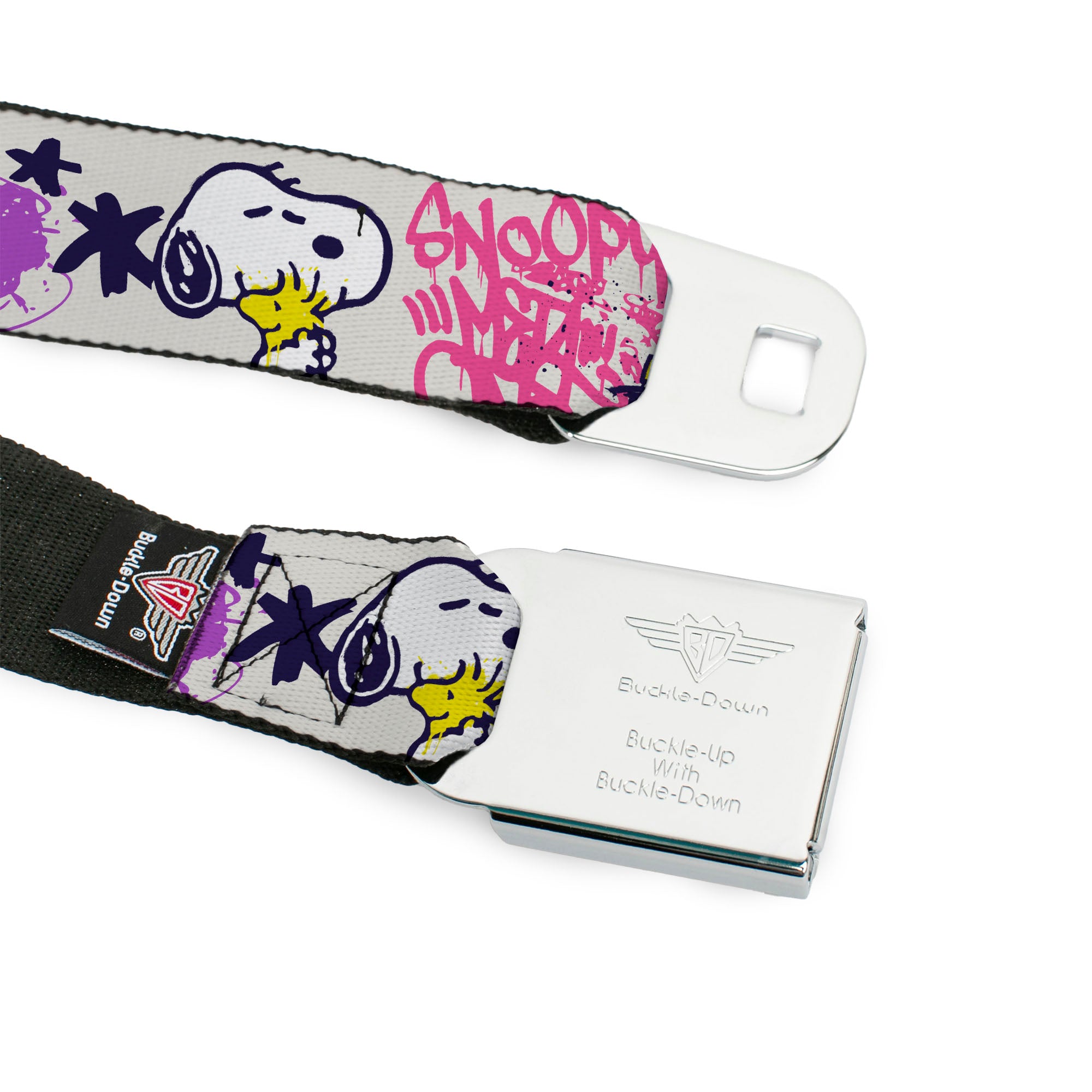 PEANUTS Title Logo Full Color Black/White Seatbelt Belt - Peanuts Snoopy and Woodstock Graffiti Collage White/Multi Color Webbing Seatbelt Belts Peanuts
