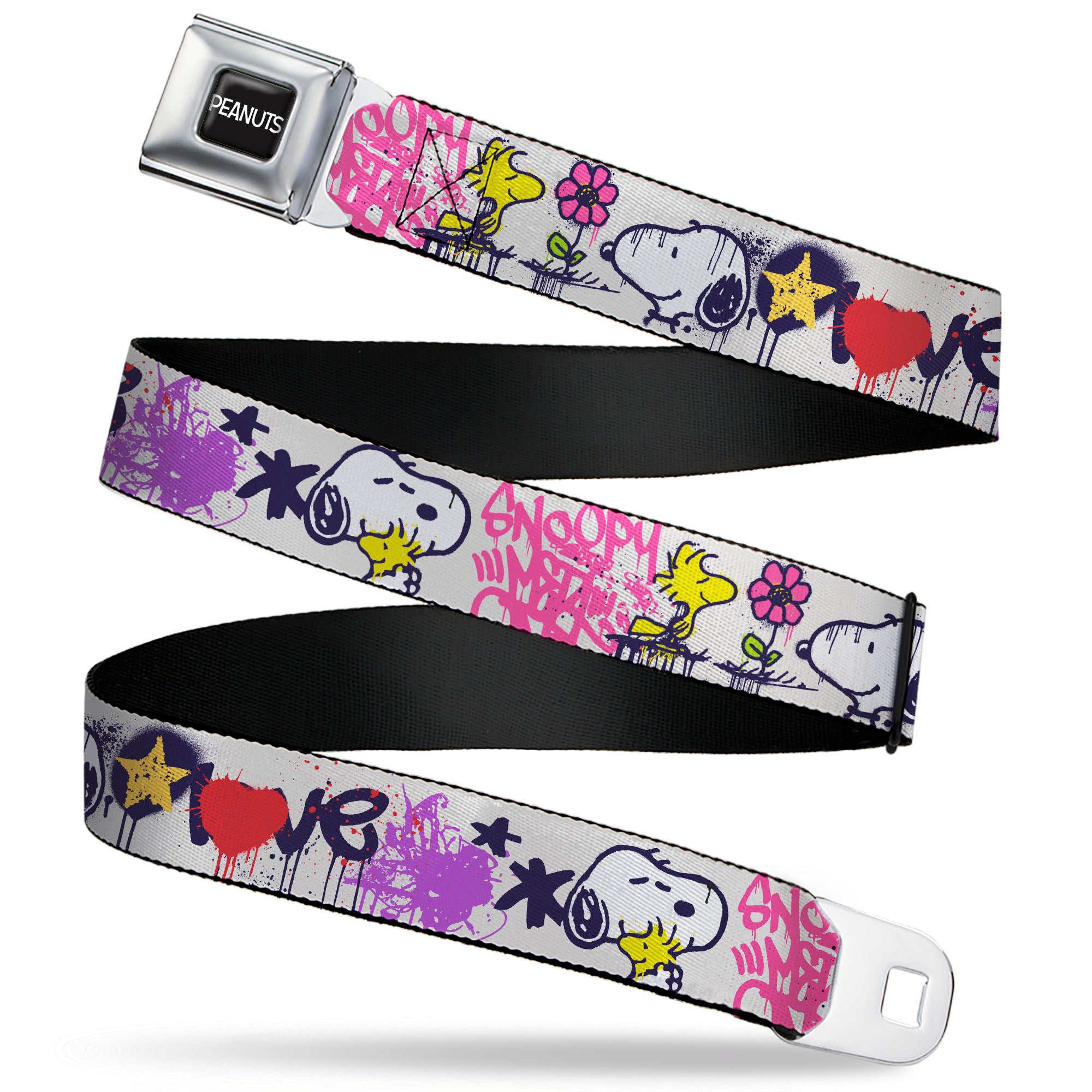 PEANUTS Title Logo Full Color Black/White Seatbelt Belt - Peanuts Snoopy and Woodstock Graffiti Collage White/Multi Color Webbing Seatbelt Belts Peanuts