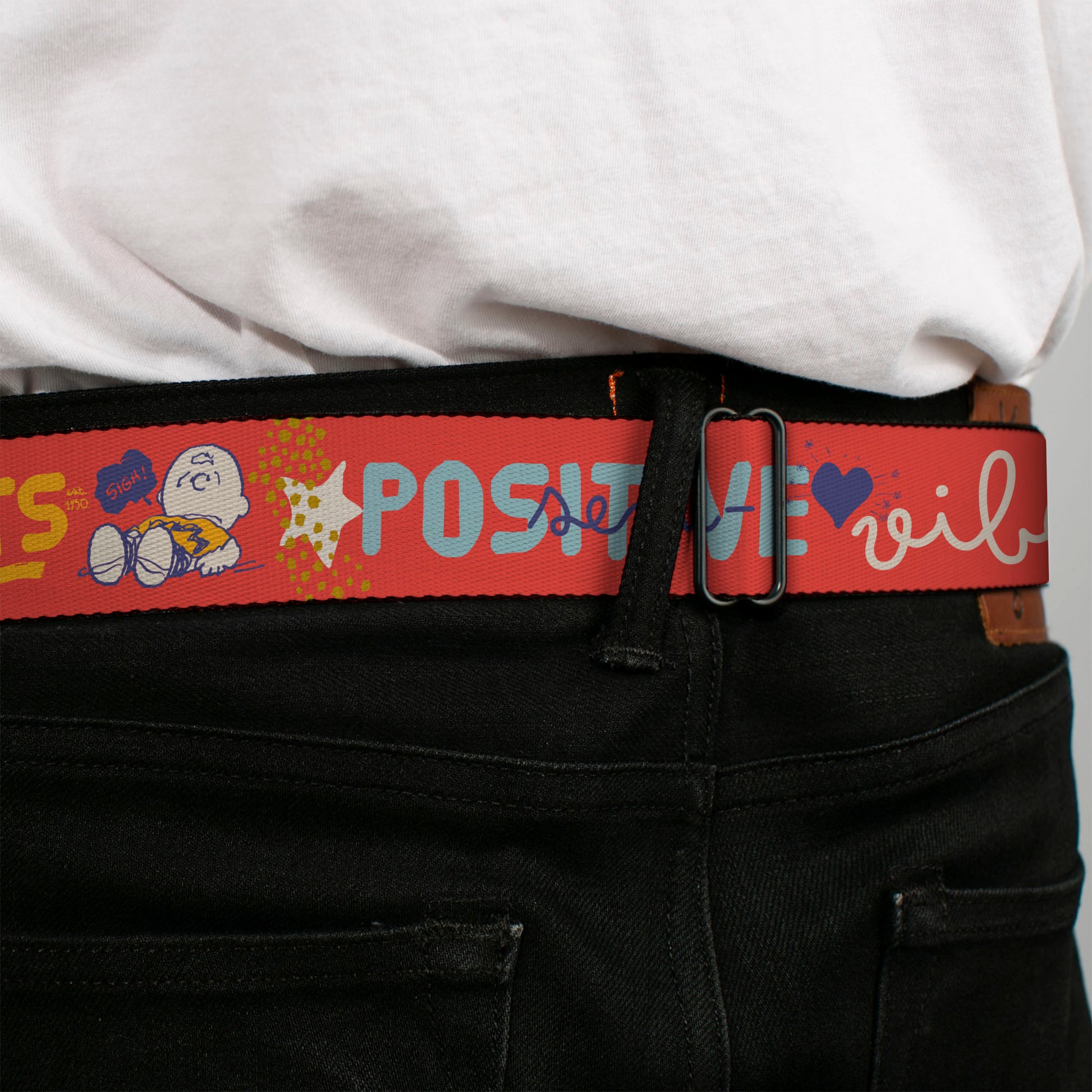 PEANUTS Title Logo Full Color Black/White Seatbelt Belt - Peanuts Gang SEMI-POSITIVE VIBES Quote Red/Blues/White Webbing Seatbelt Belts Peanuts