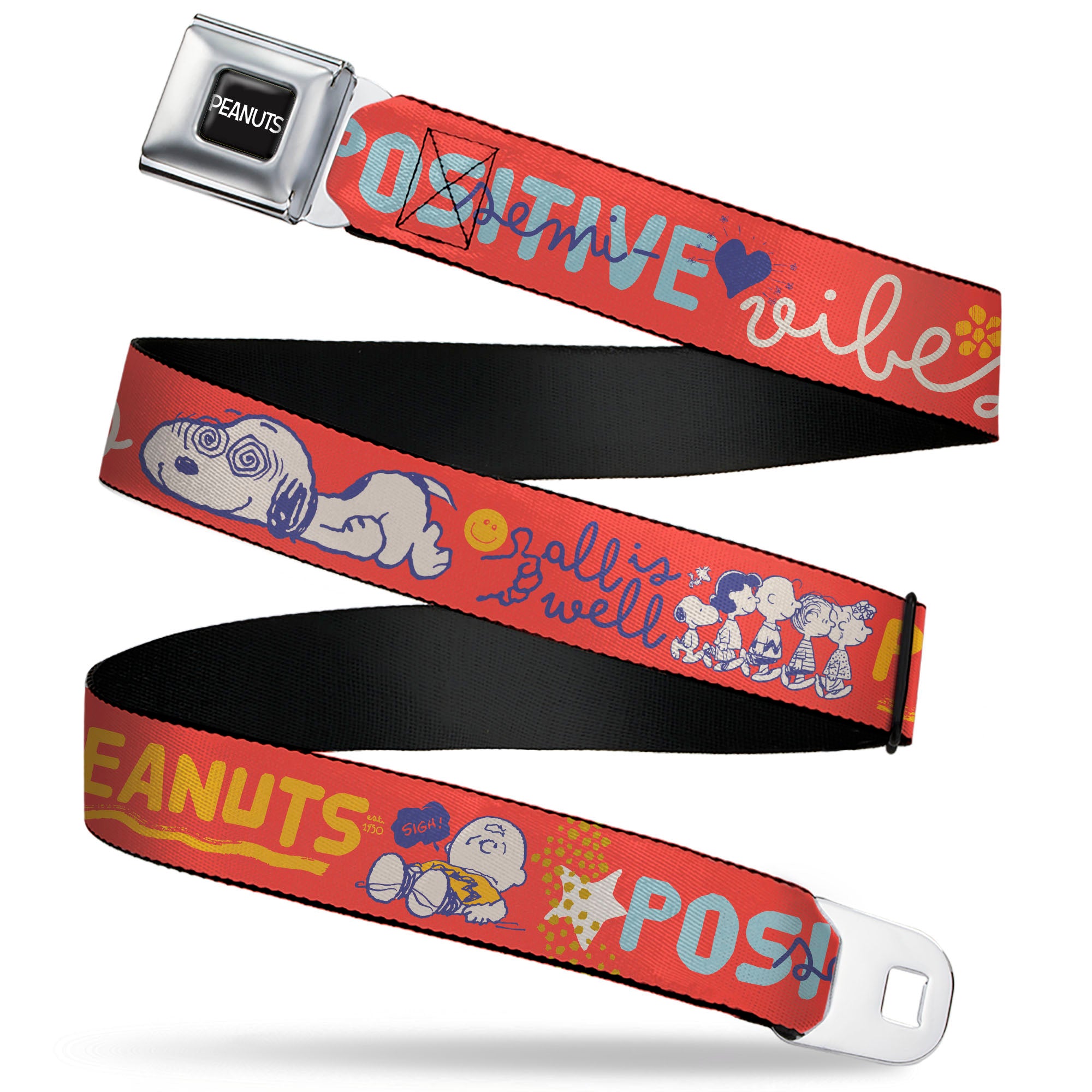 PEANUTS Title Logo Full Color Black/White Seatbelt Belt - Peanuts Gang SEMI-POSITIVE VIBES Quote Red/Blues/White Webbing Seatbelt Belts Peanuts