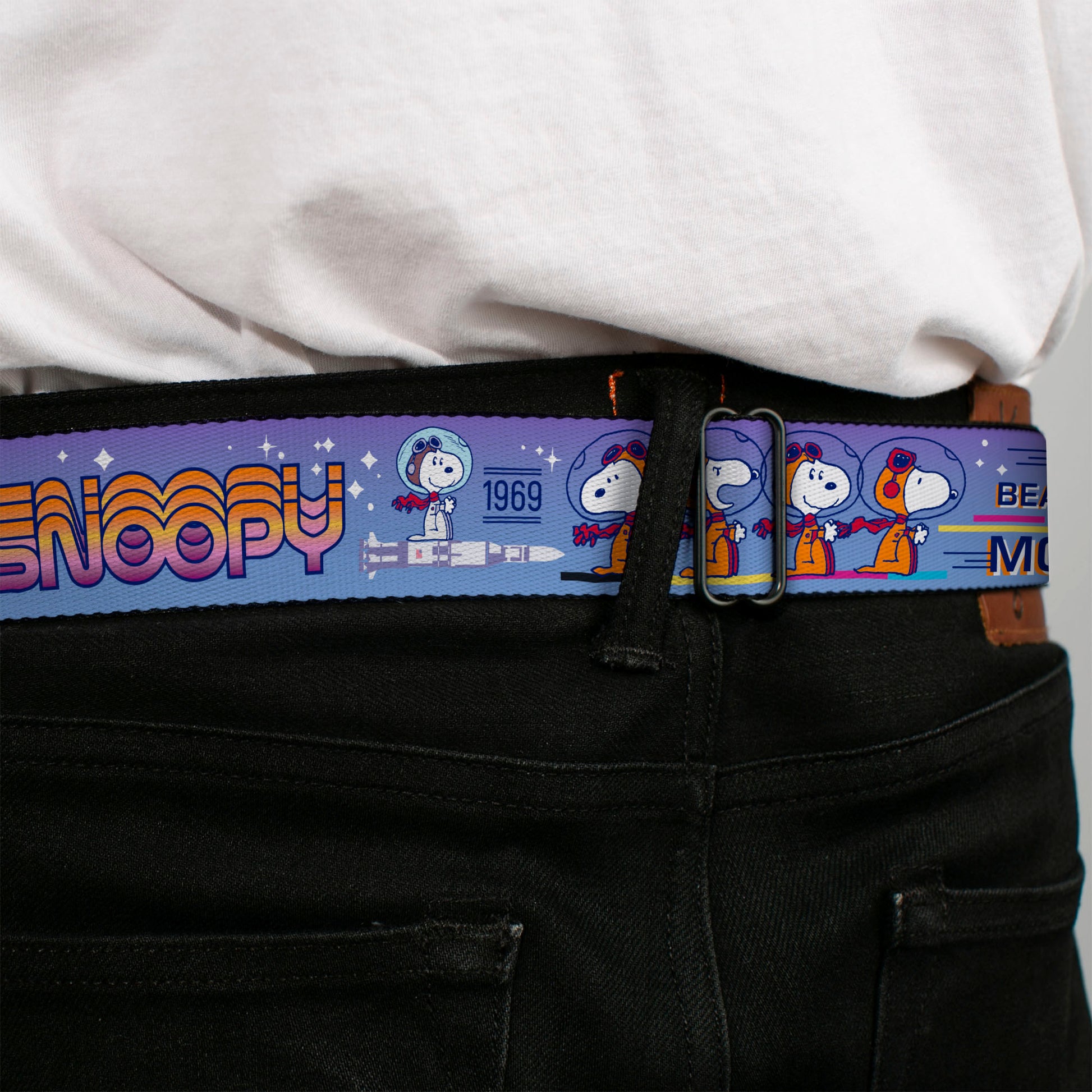 PEANUTS Title Logo Full Color Black/White Seatbelt Belt - Peanuts Astronaut Snoopy Launch Poses and Text White/Multi Color Webbing Seatbelt Belts Peanuts