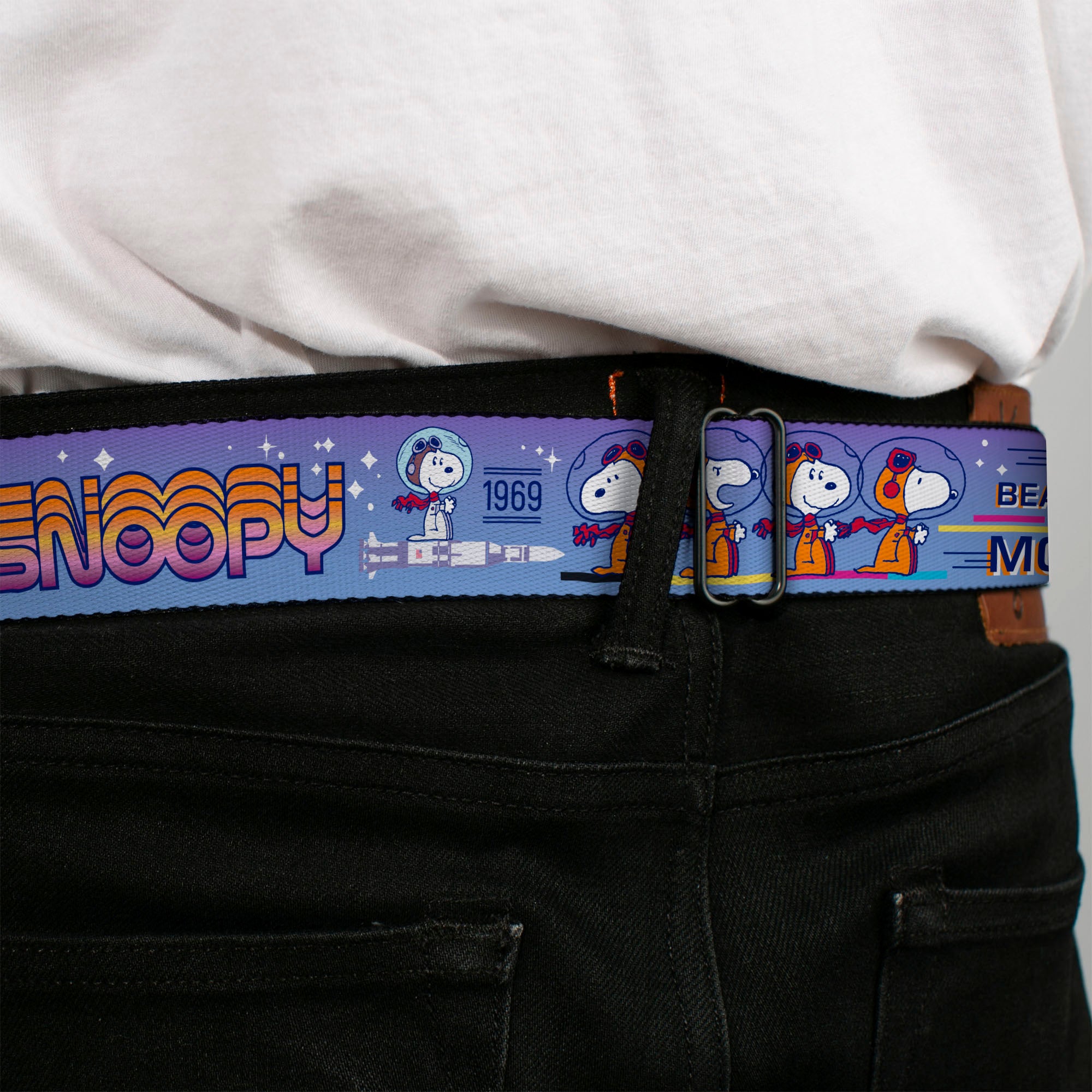PEANUTS Title Logo Full Color Black/White Seatbelt Belt - Peanuts Astronaut Snoopy Launch Poses and Text White/Multi Color Webbing Seatbelt Belts Peanuts