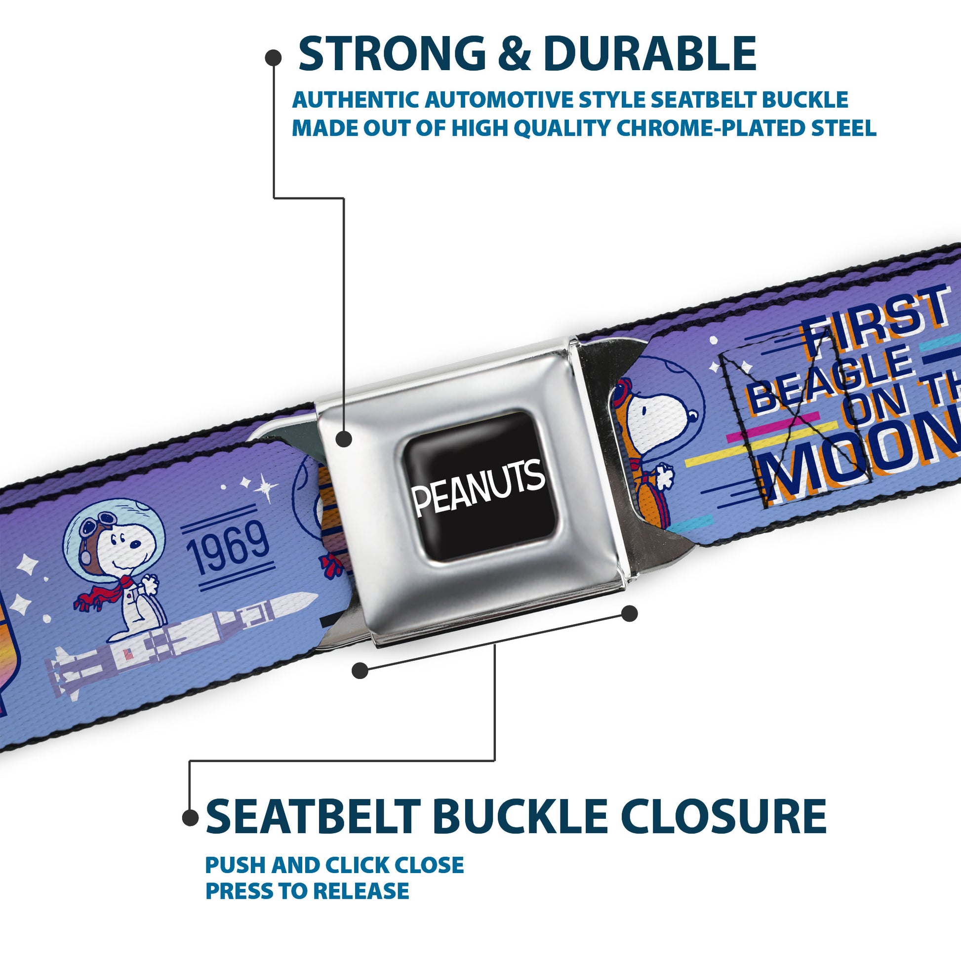 PEANUTS Title Logo Full Color Black/White Seatbelt Belt - Peanuts Astronaut Snoopy Launch Poses and Text White/Multi Color Webbing Seatbelt Belts Peanuts