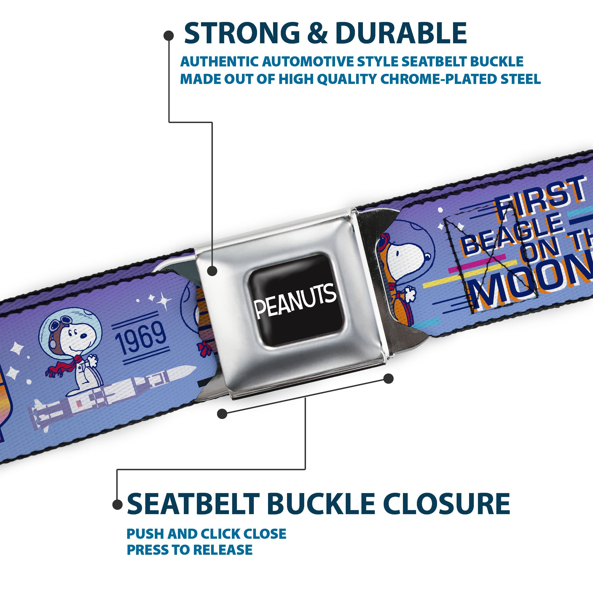 PEANUTS Title Logo Full Color Black/White Seatbelt Belt - Peanuts Astronaut Snoopy Launch Poses and Text White/Multi Color Webbing Seatbelt Belts Peanuts