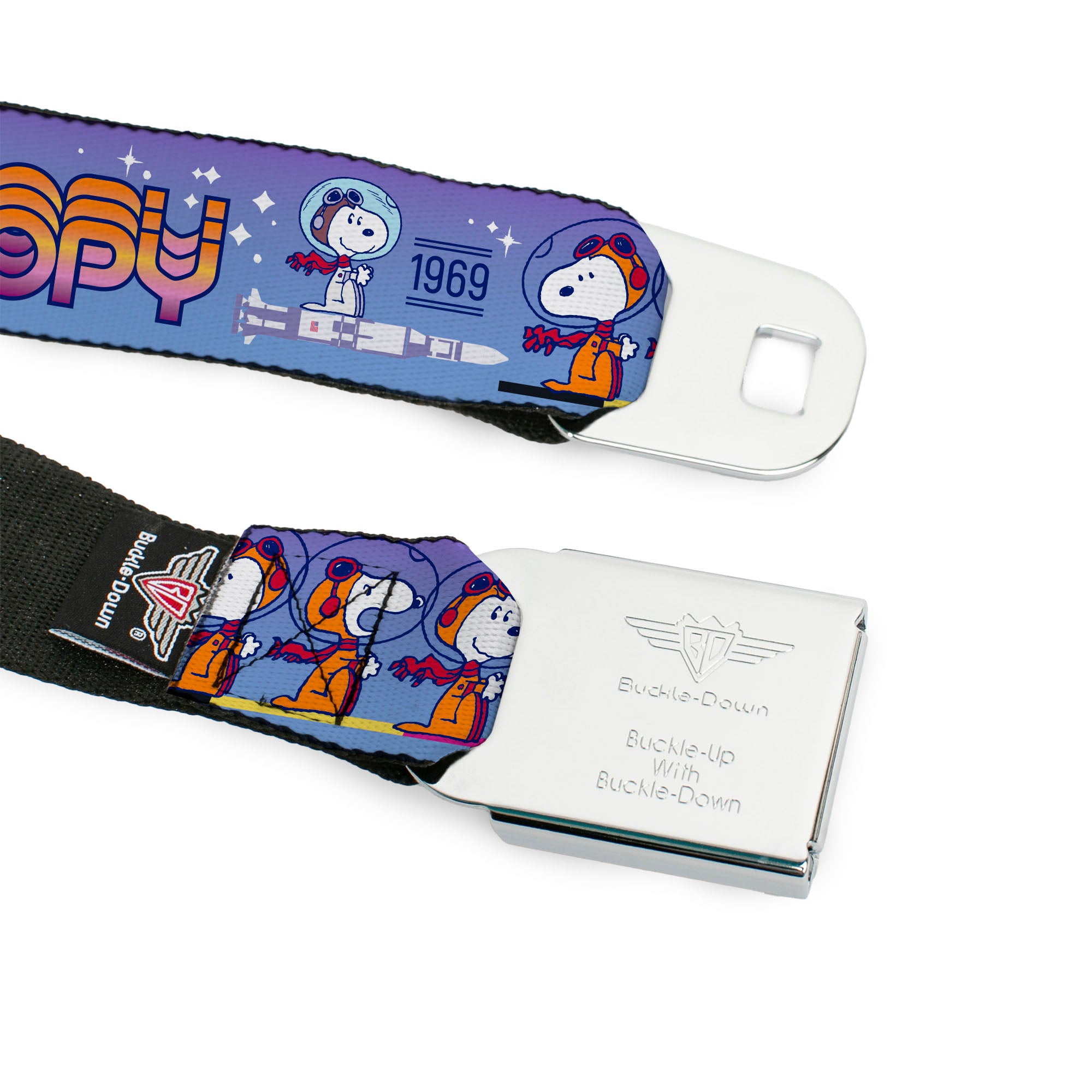 PEANUTS Title Logo Full Color Black/White Seatbelt Belt - Peanuts Astronaut Snoopy Launch Poses and Text White/Multi Color Webbing Seatbelt Belts Peanuts