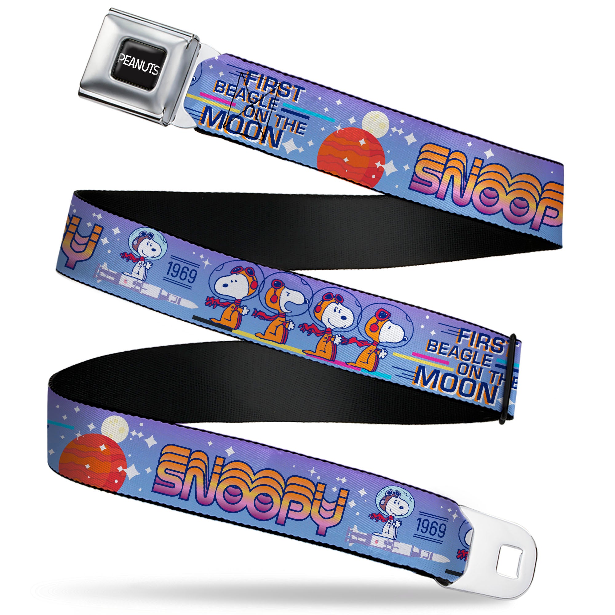 PEANUTS Title Logo Full Color Black/White Seatbelt Belt - Peanuts Astronaut Snoopy Launch Poses and Text White/Multi Color Webbing Seatbelt Belts Peanuts
