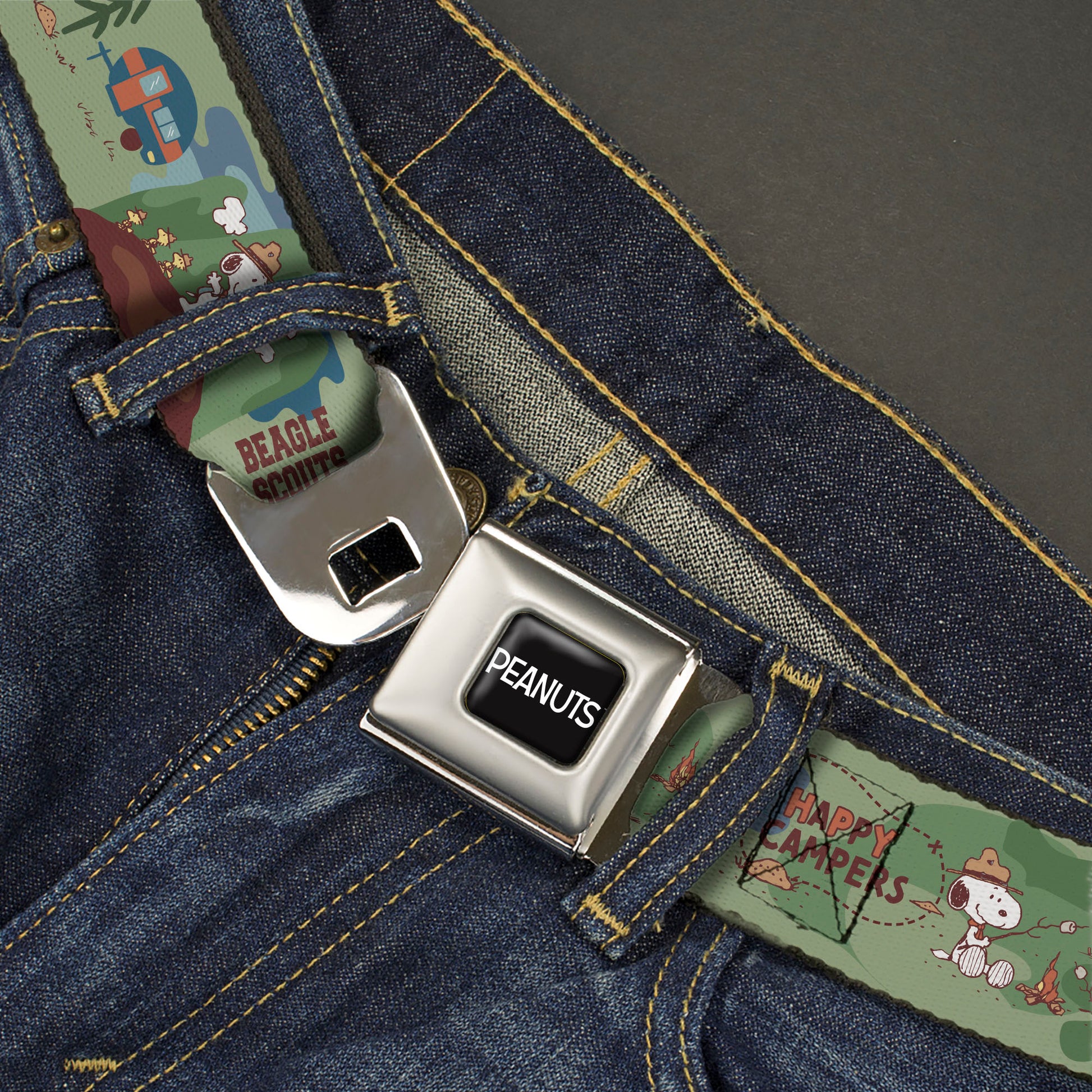 PEANUTS Title Logo Full Color Black/White Seatbelt Belt - Peanuts HAPPY CAMPER BEAGLE SCOUTS Scenes Webbing Seatbelt Belts Peanuts