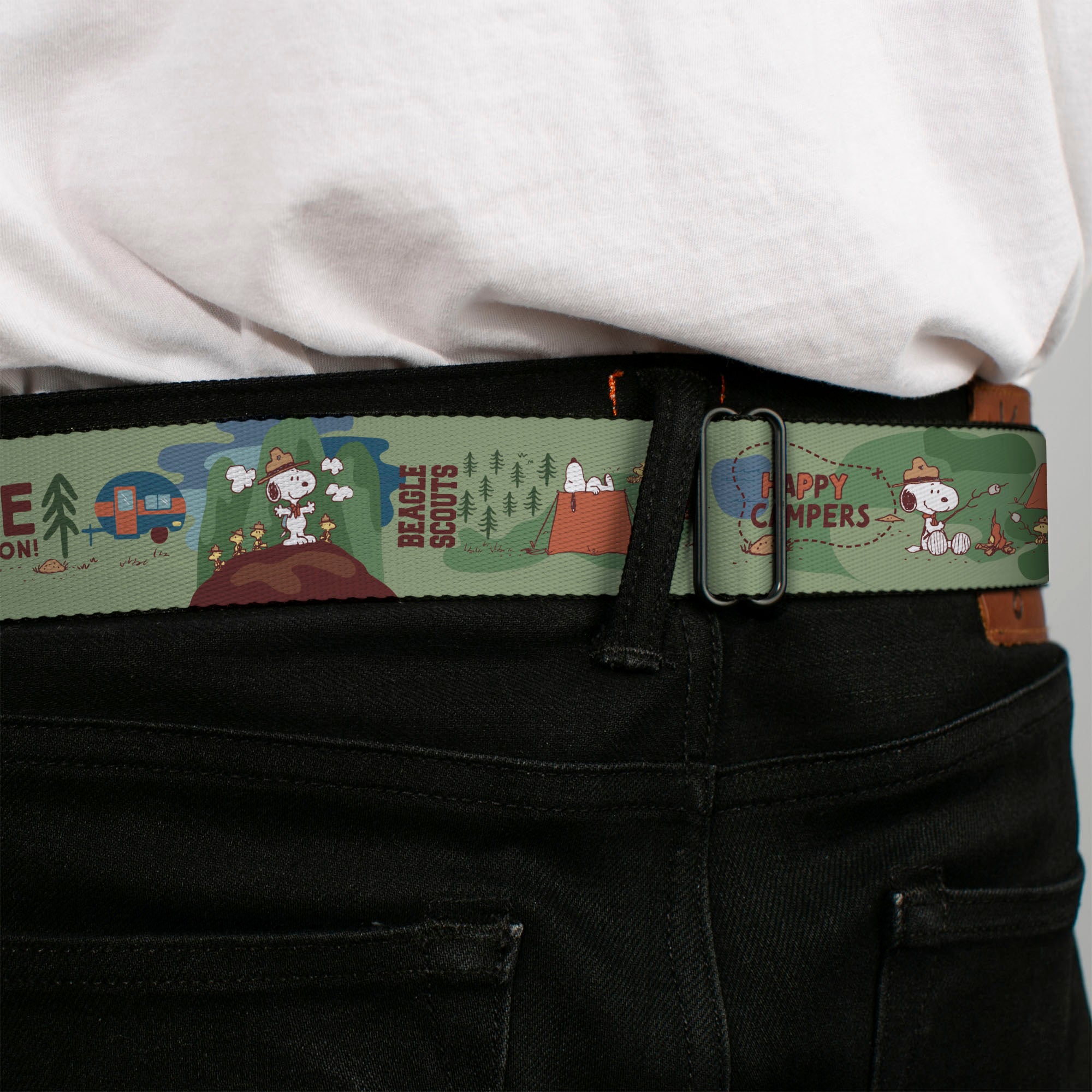 PEANUTS Title Logo Full Color Black/White Seatbelt Belt - Peanuts HAPPY CAMPER BEAGLE SCOUTS Scenes Webbing Seatbelt Belts Peanuts