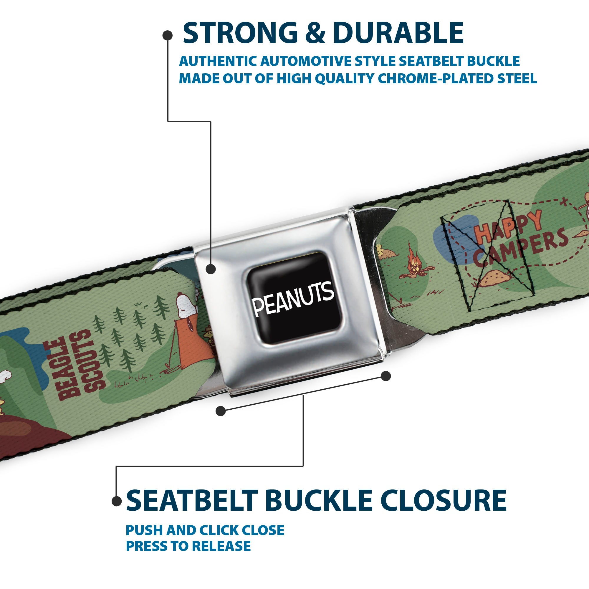 PEANUTS Title Logo Full Color Black/White Seatbelt Belt - Peanuts HAPPY CAMPER BEAGLE SCOUTS Scenes Webbing Seatbelt Belts Peanuts